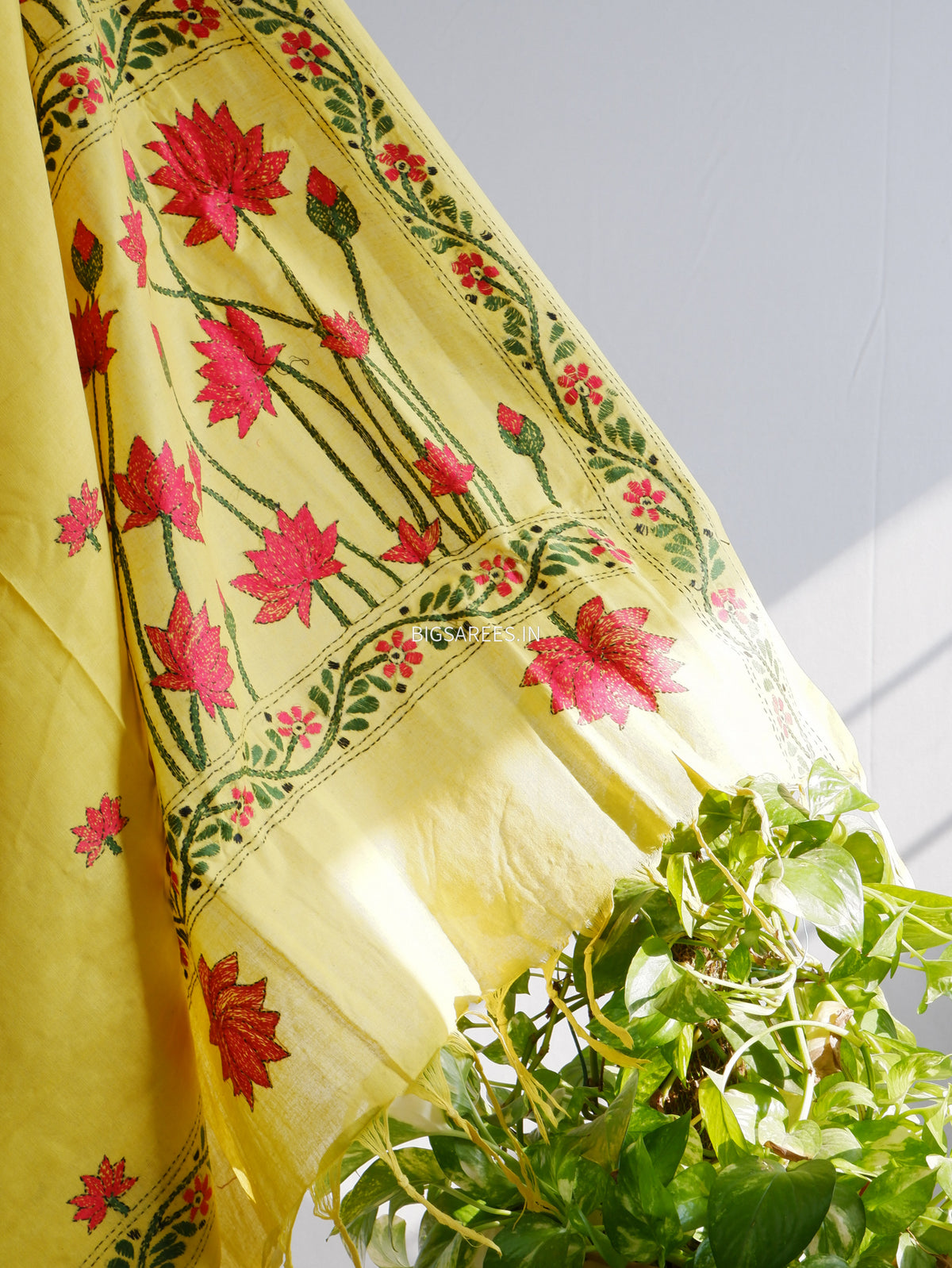 Kantha Hand-Embroidered Saree | Pure Khadi Cotton | Yellow