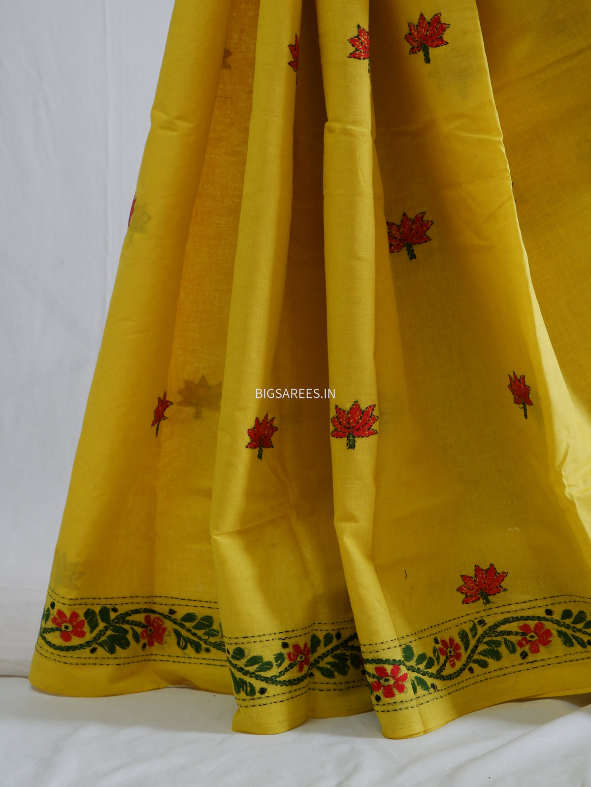 Kantha Hand-Embroidered Saree | Pure Khadi Cotton | Yellow