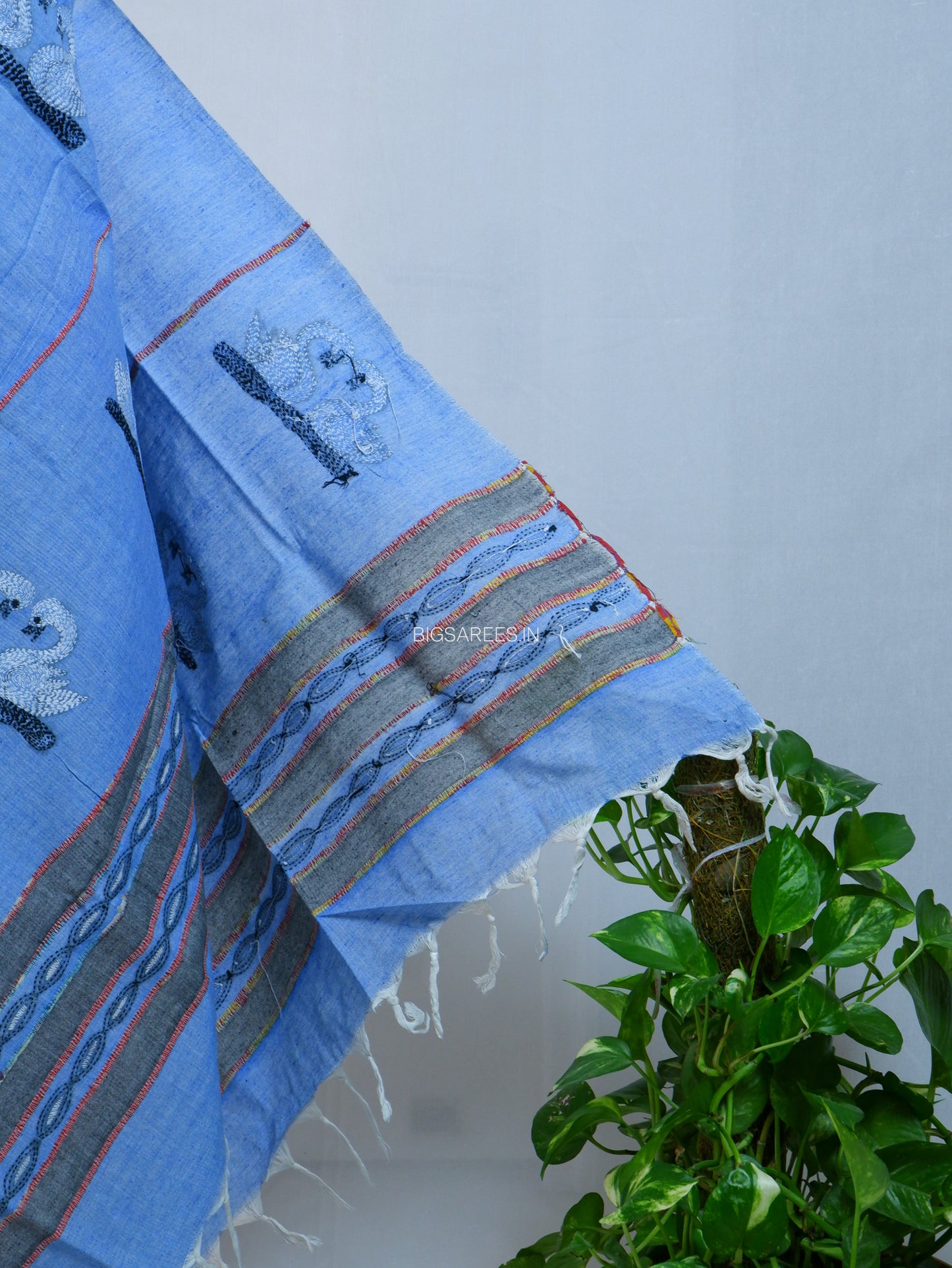 Hand Embroidered Kantha-Stitch Dupatta | Pure Khesh Cotton | Blue