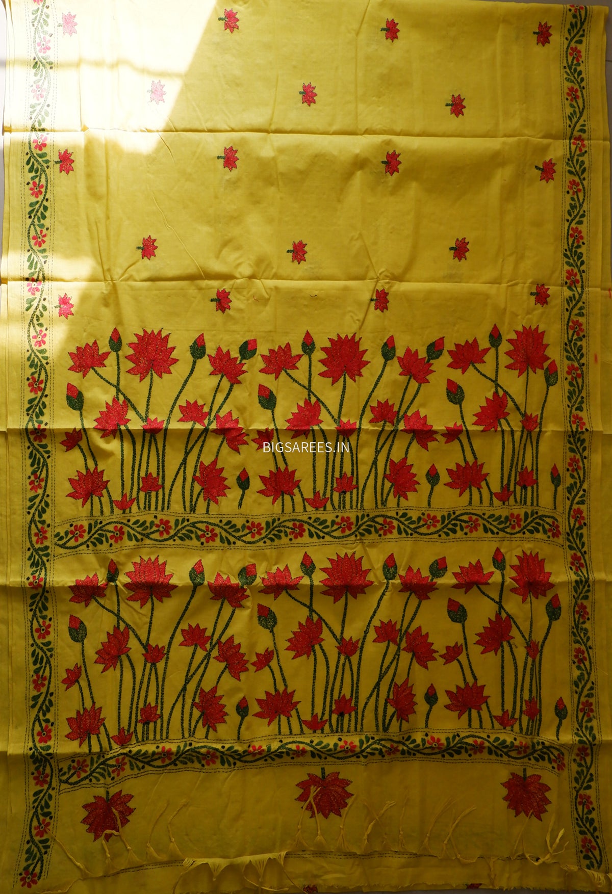 Kantha Hand-Embroidered Saree | Pure Khadi Cotton | Yellow