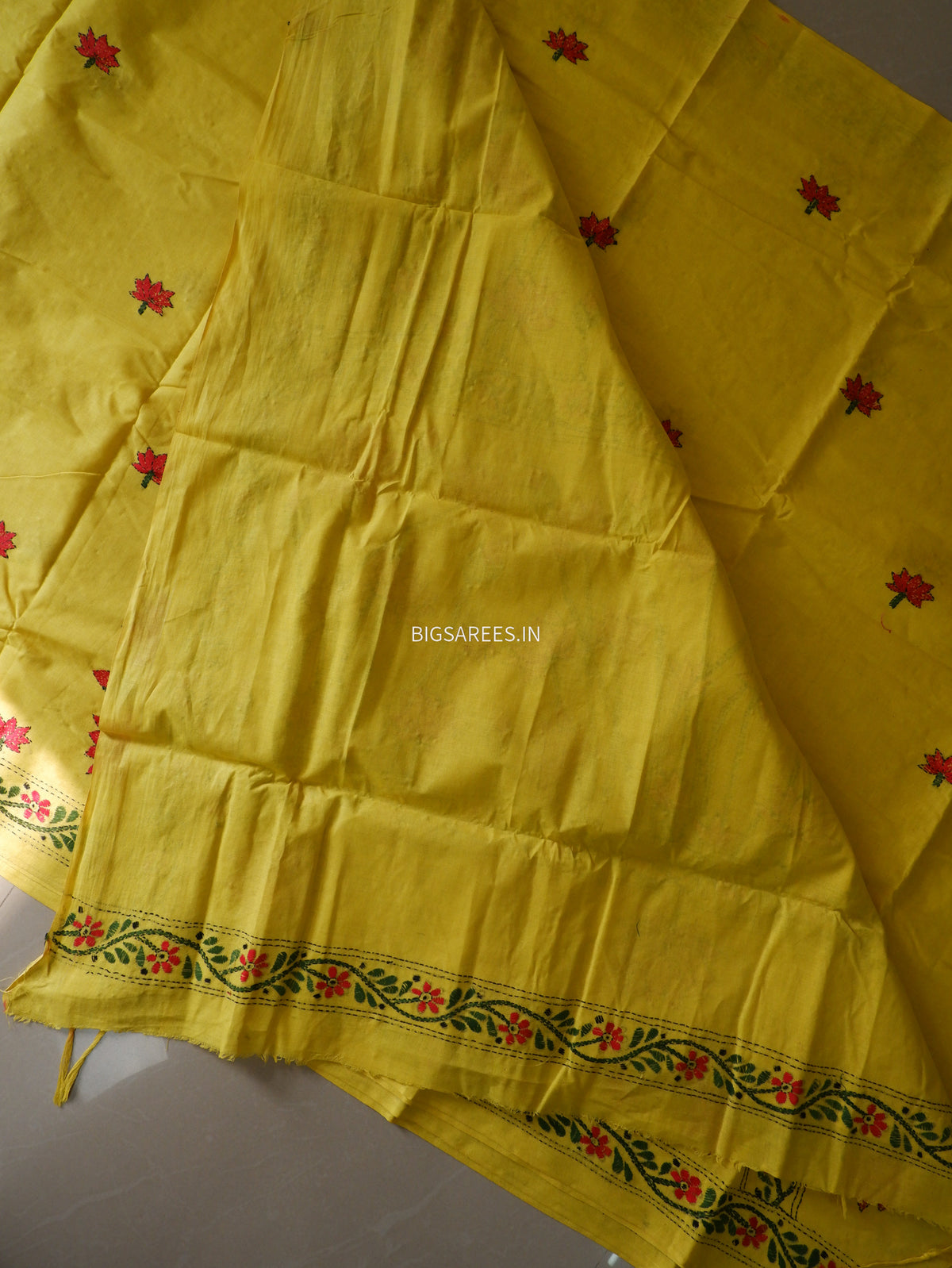 Kantha Hand-Embroidered Saree | Pure Khadi Cotton | Yellow