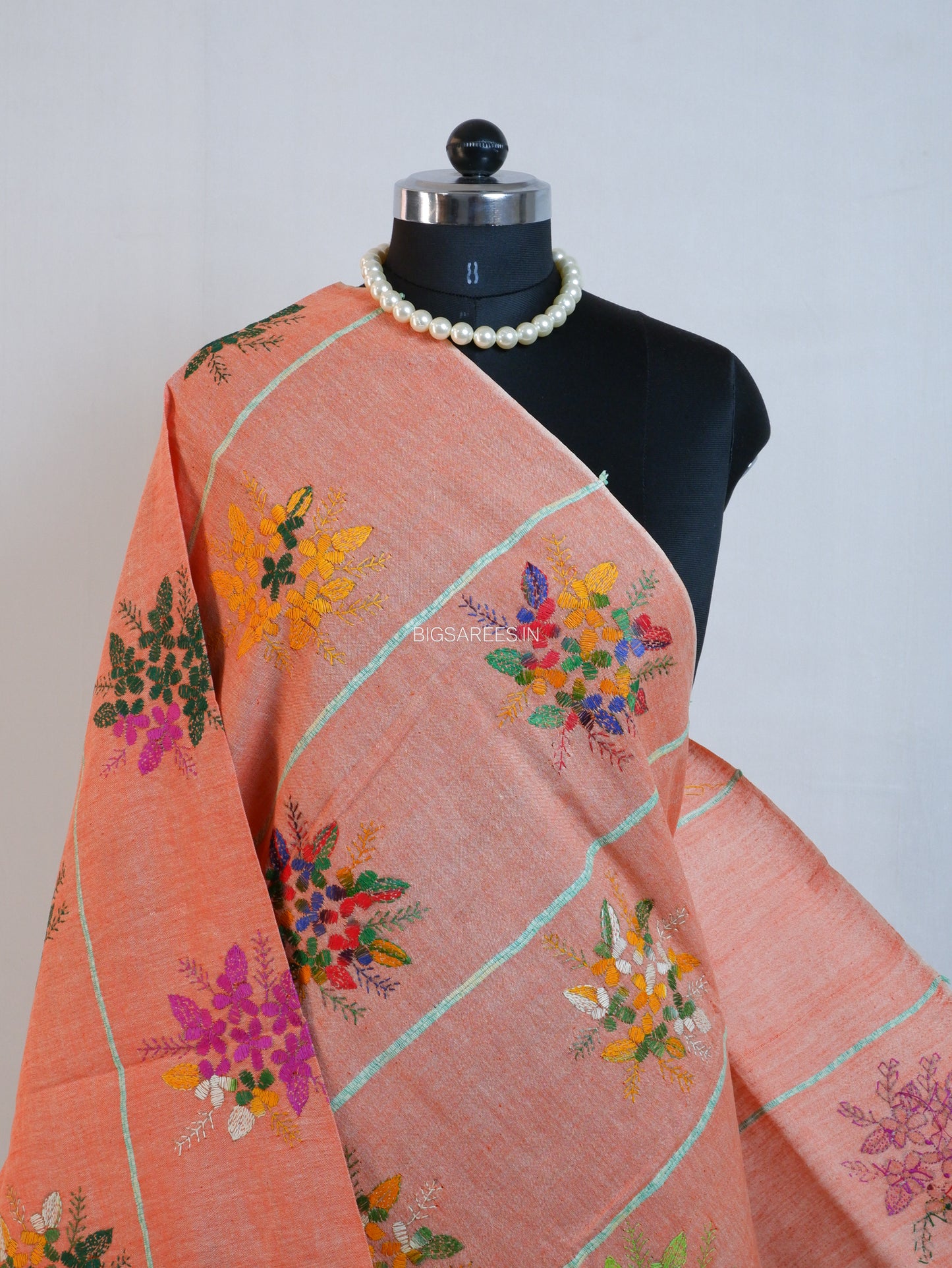 Hand-Embroidered Kantha - Stitch Dupatta | Pure Khesh Cotton | Light Orange