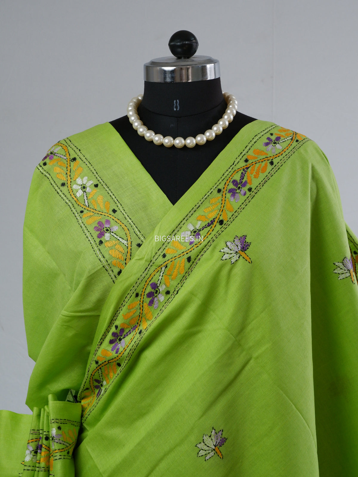 Kantha Hand-Embroidered Saree | Pure Khadi Cotton | Parrot Green