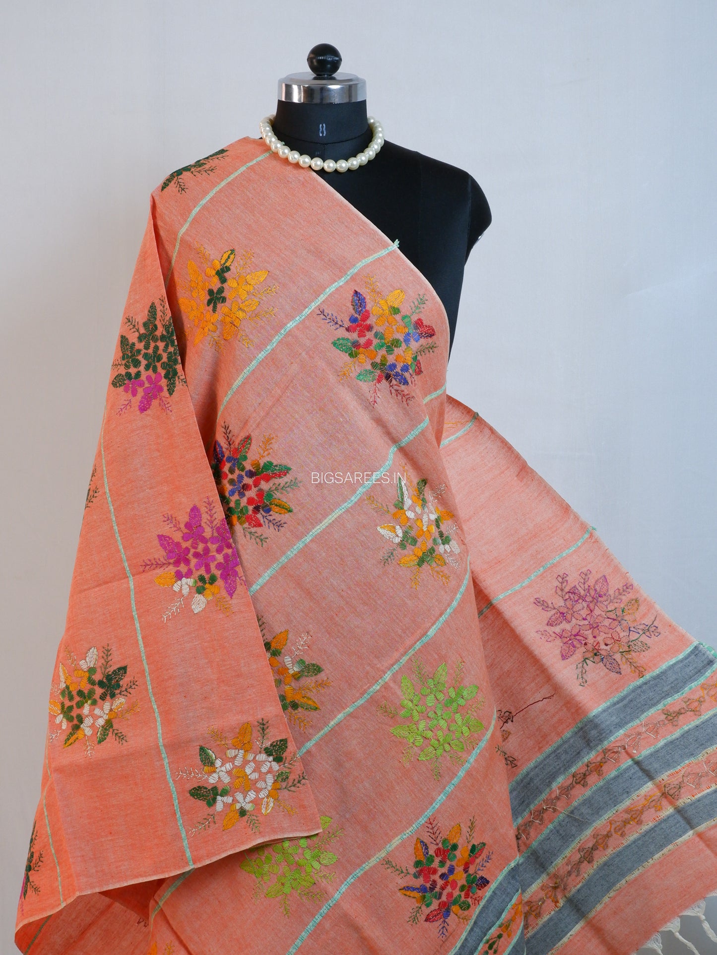 Hand-Embroidered Kantha - Stitch Dupatta | Pure Khesh Cotton | Light Orange