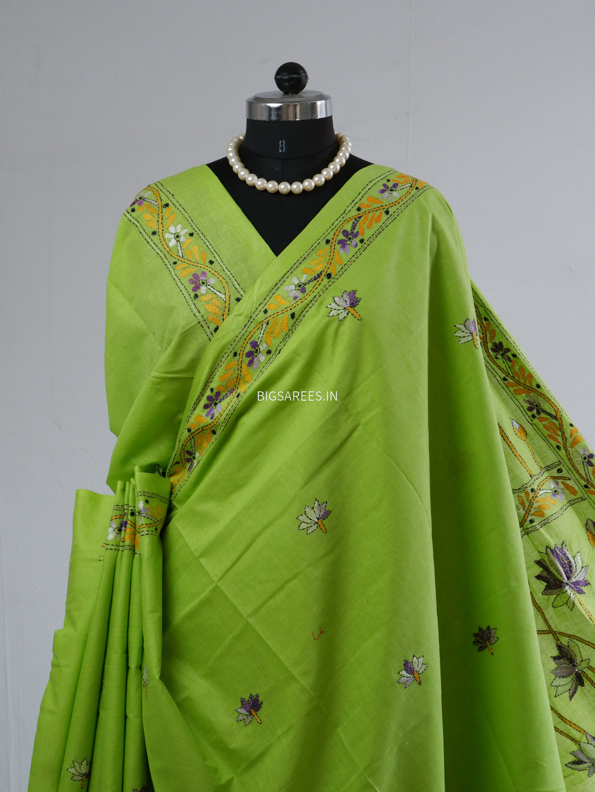 Kantha Hand-Embroidered Saree | Pure Khadi Cotton | Parrot Green