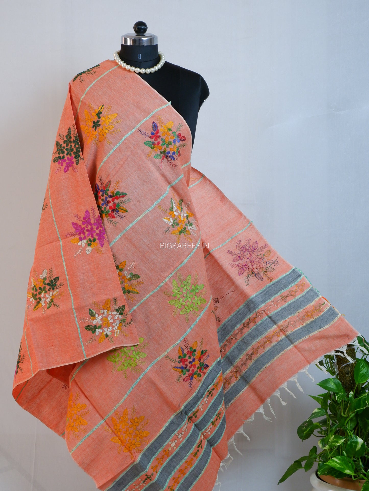 Hand-Embroidered Kantha - Stitch Dupatta | Pure Khesh Cotton | Light Orange