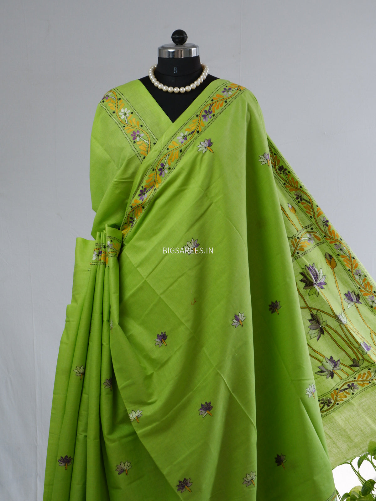 Kantha Hand-Embroidered Saree | Pure Khadi Cotton | Parrot Green