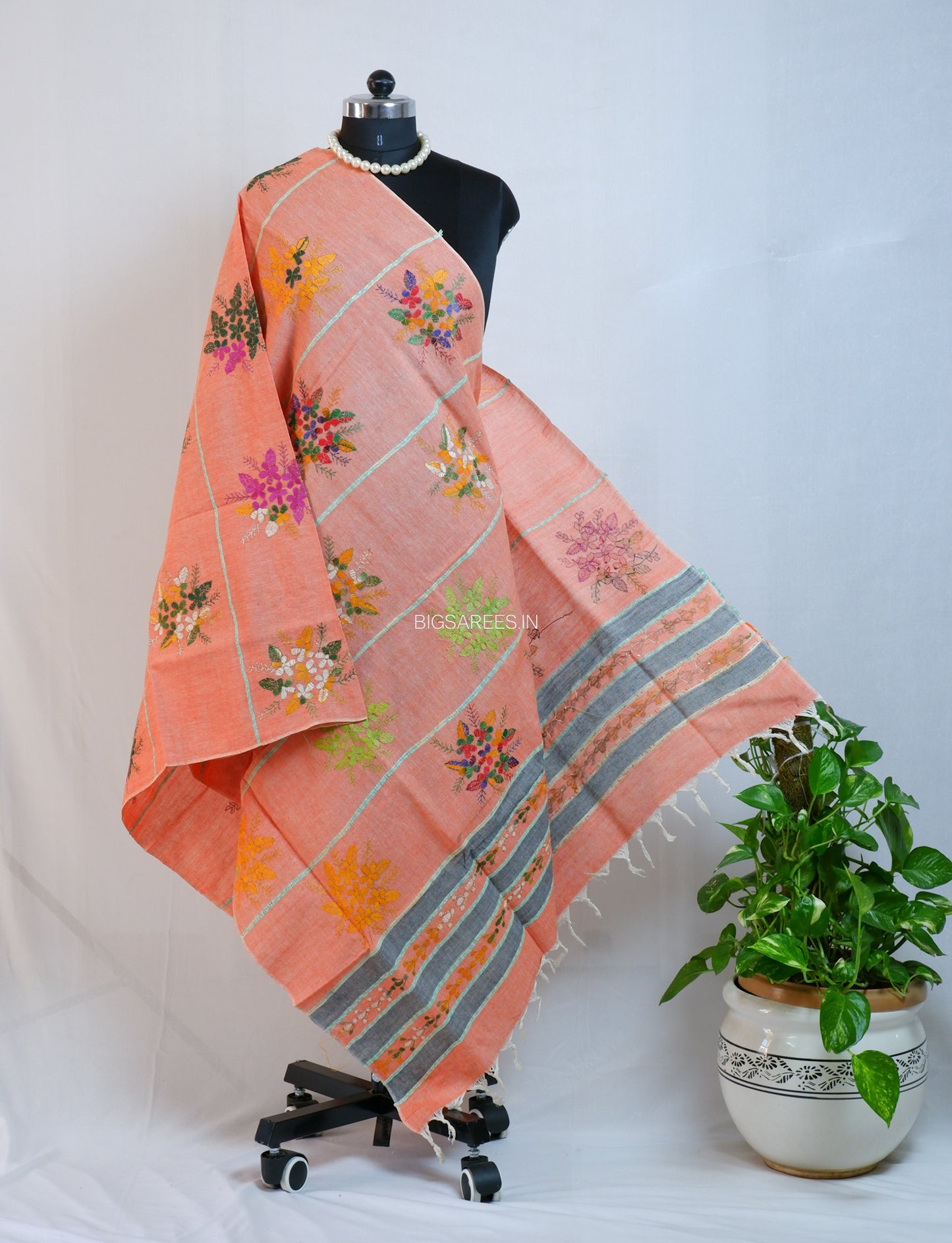 Hand-Embroidered Kantha - Stitch Dupatta | Pure Khesh Cotton | Light Orange