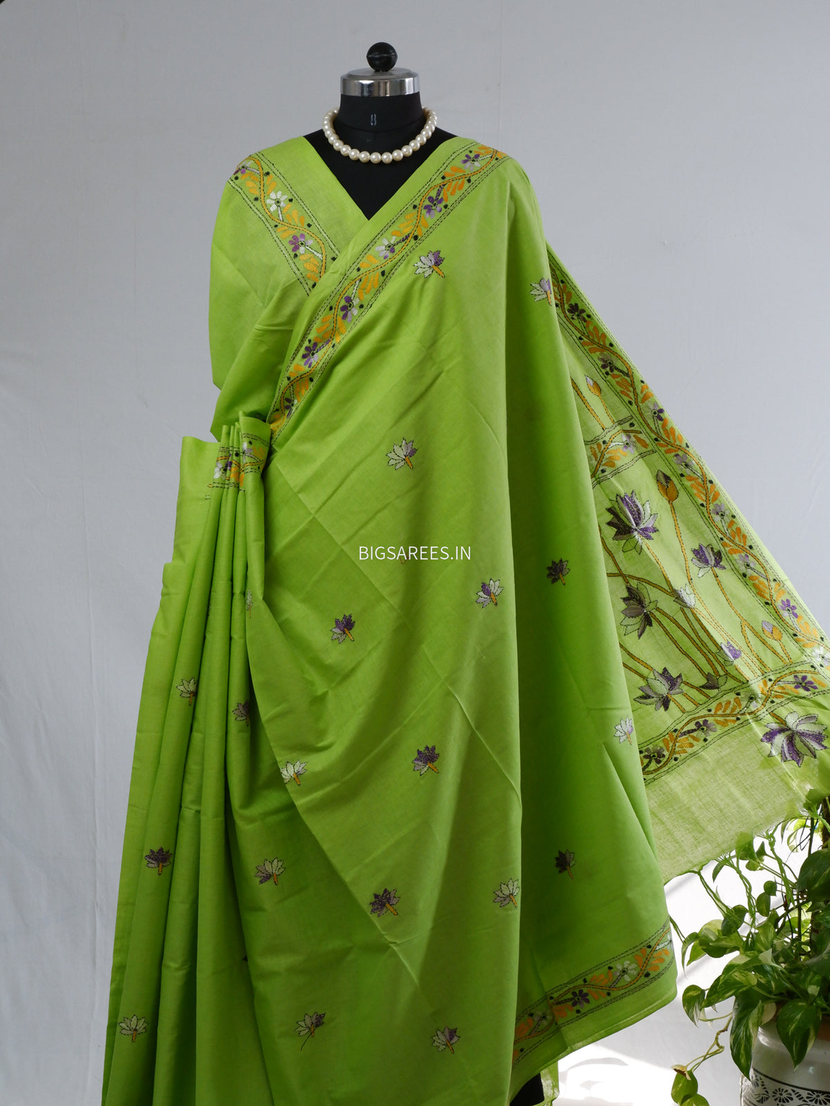 Kantha Hand-Embroidered Saree | Pure Khadi Cotton | Parrot Green