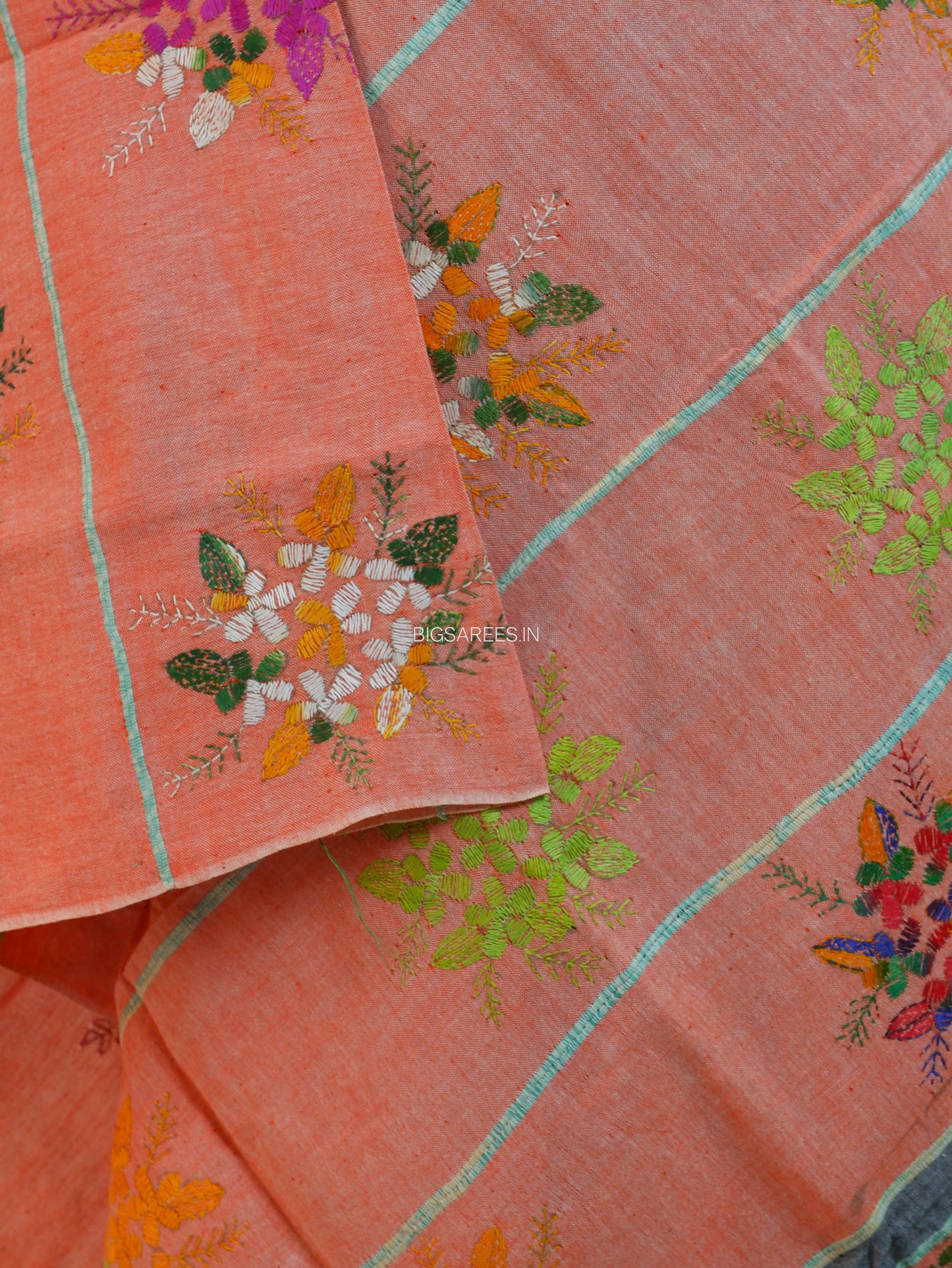 Hand-Embroidered Kantha - Stitch Dupatta | Pure Khesh Cotton | Light Orange