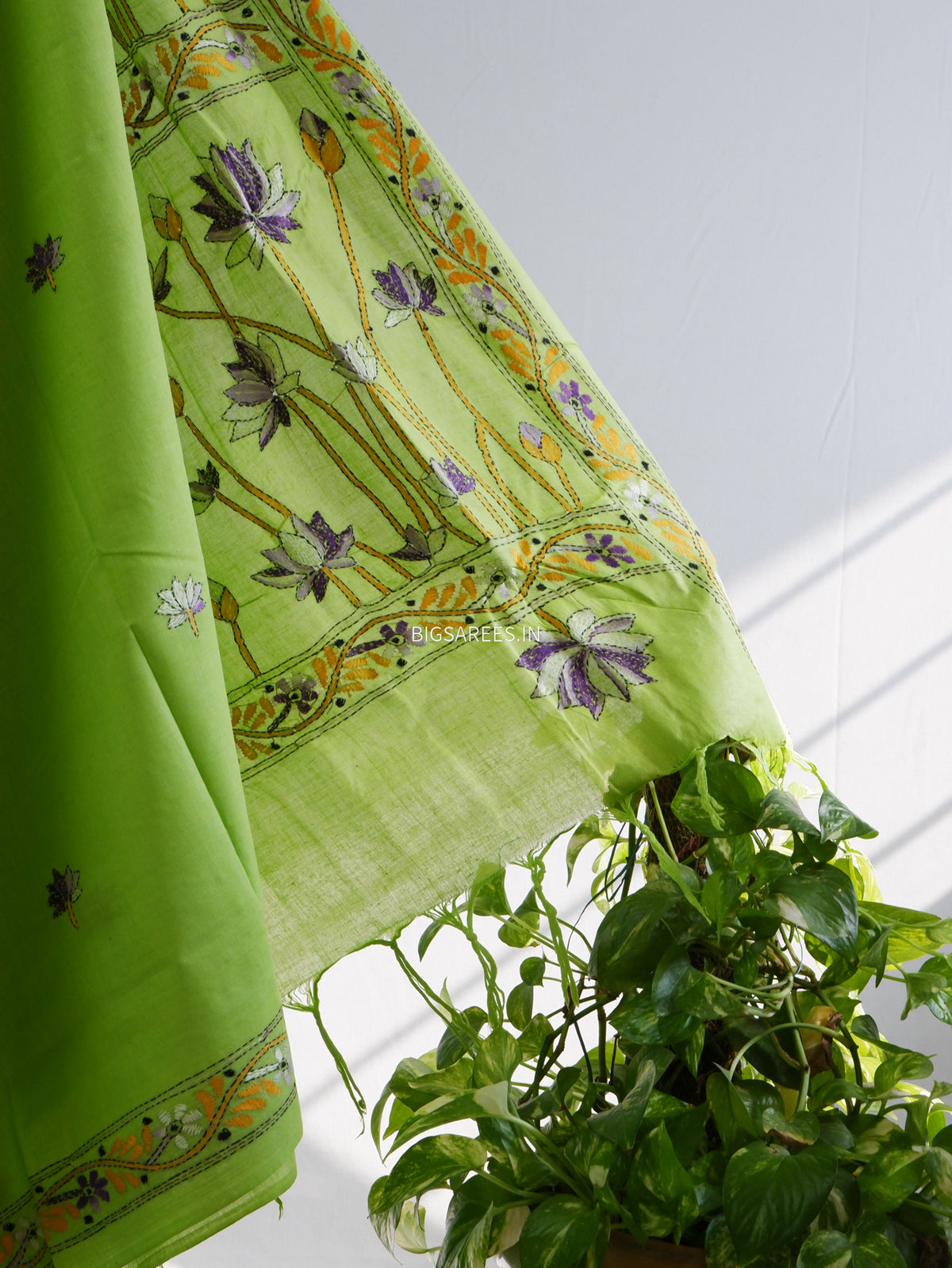 Kantha Hand-Embroidered Saree | Pure Khadi Cotton | Parrot Green