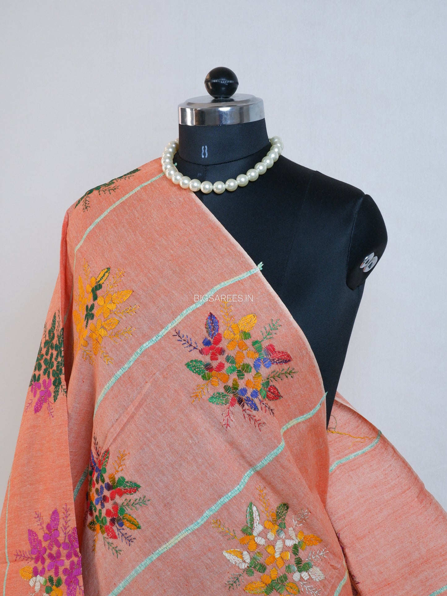 Hand-Embroidered Kantha - Stitch Dupatta | Pure Khesh Cotton | Light Orange