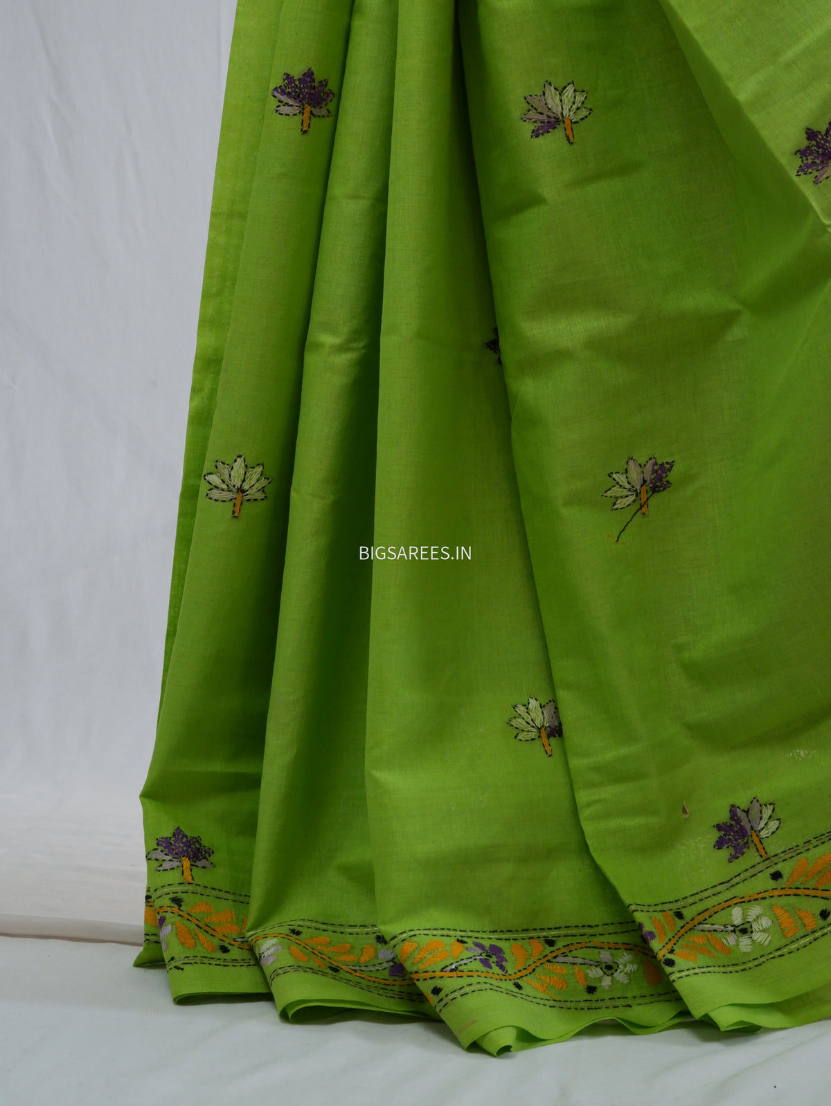 Kantha Hand-Embroidered Saree | Pure Khadi Cotton | Parrot Green