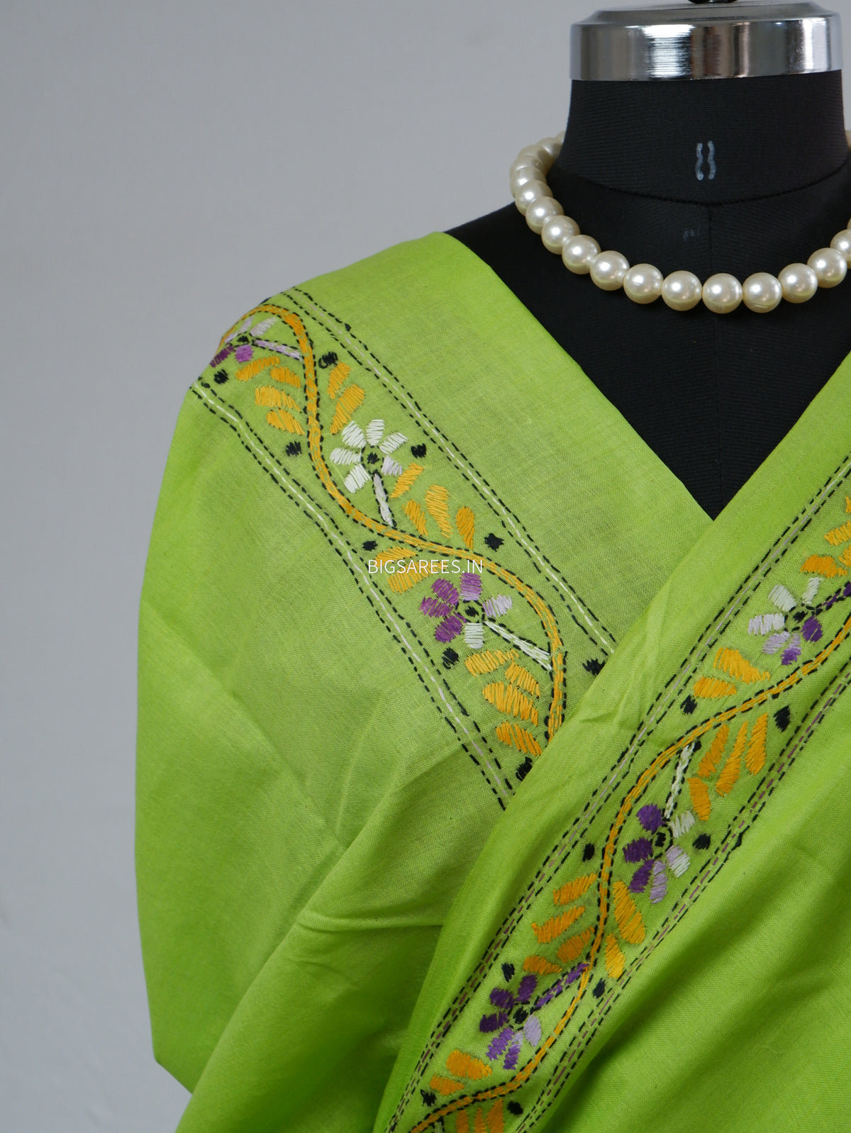 Kantha Hand-Embroidered Saree | Pure Khadi Cotton | Parrot Green