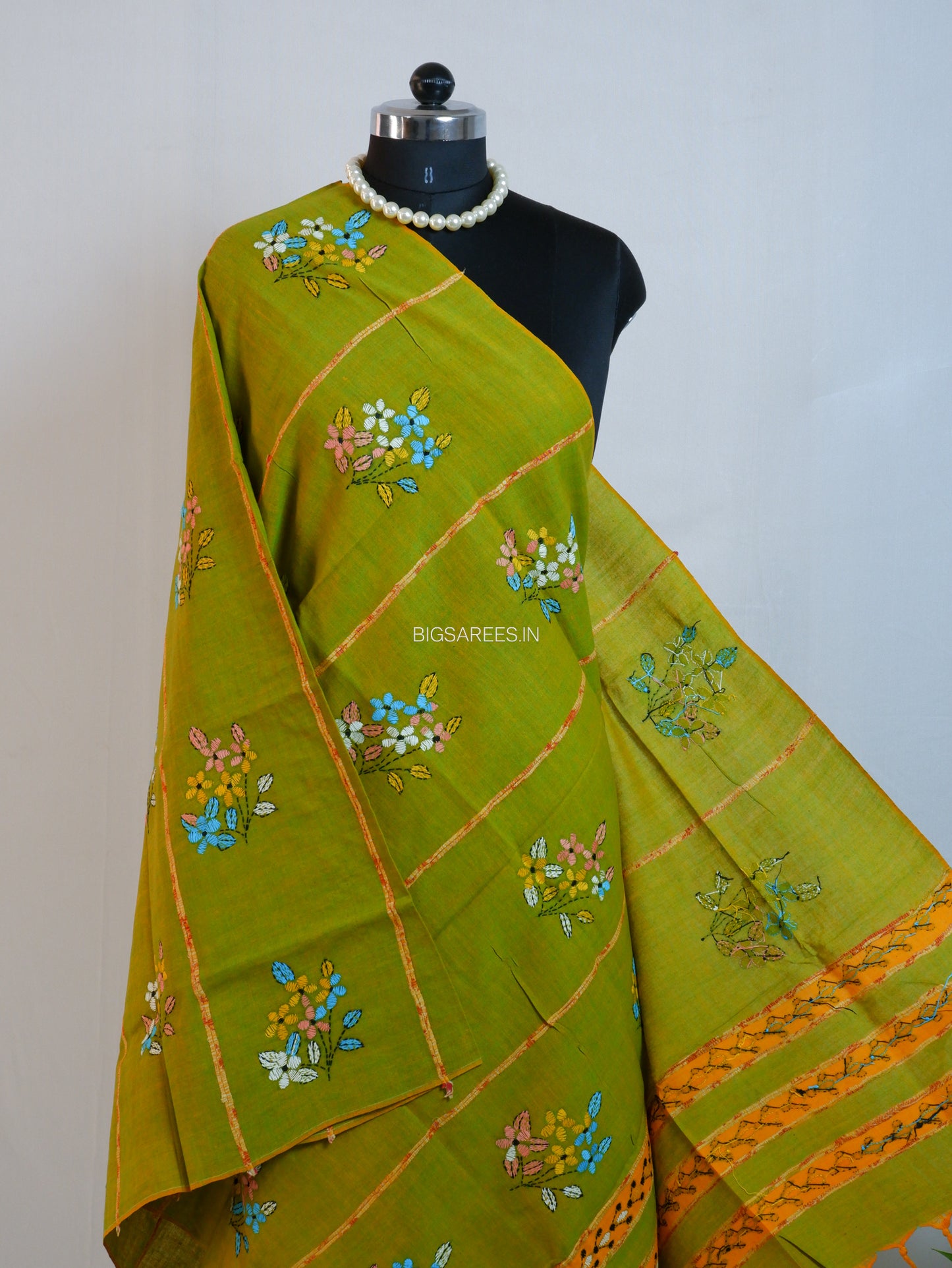 Hand-Embroidered Kantha - Stitch Dupatta | Pure Khesh Cotton | Green