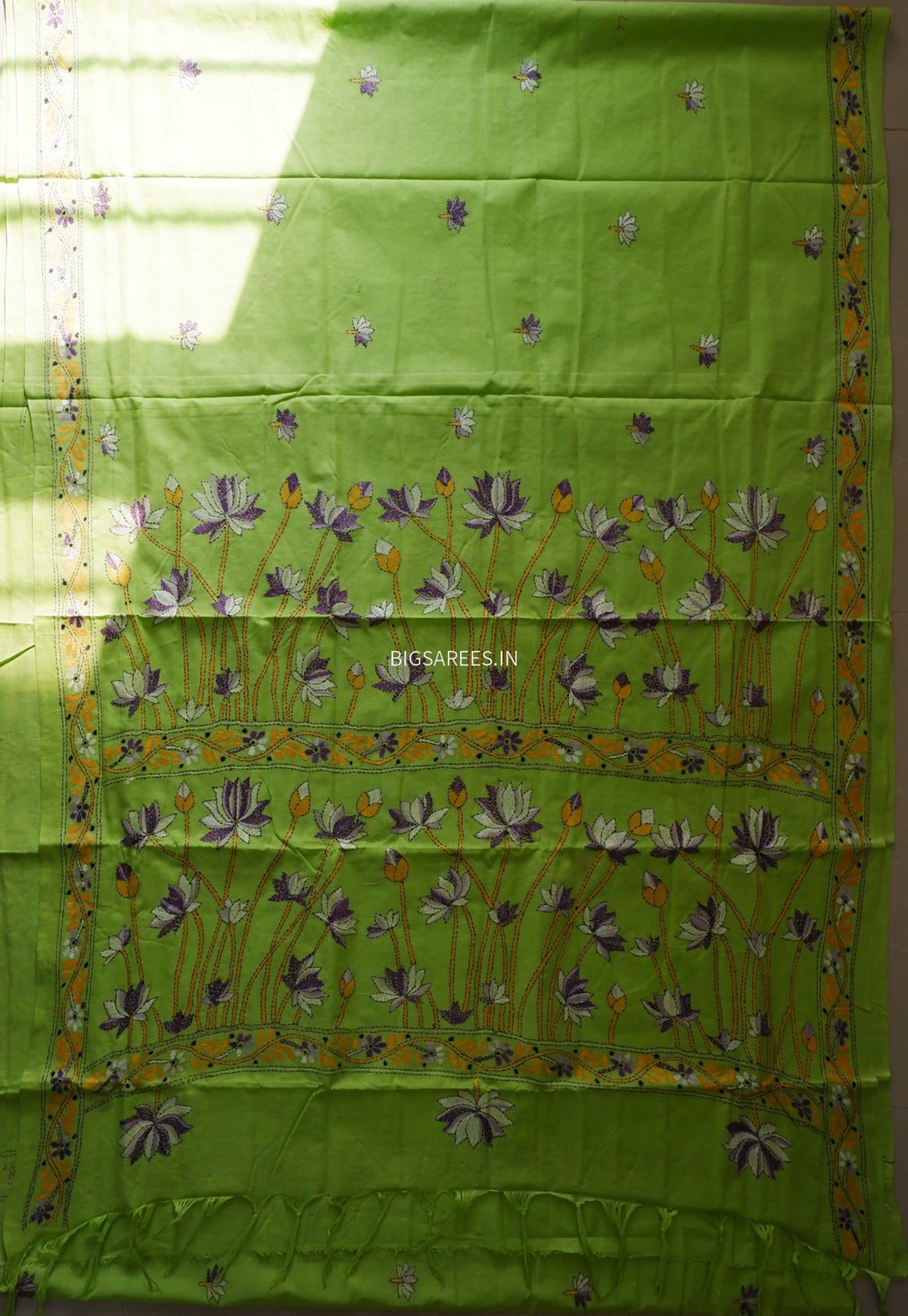 Kantha Hand-Embroidered Saree | Pure Khadi Cotton | Parrot Green