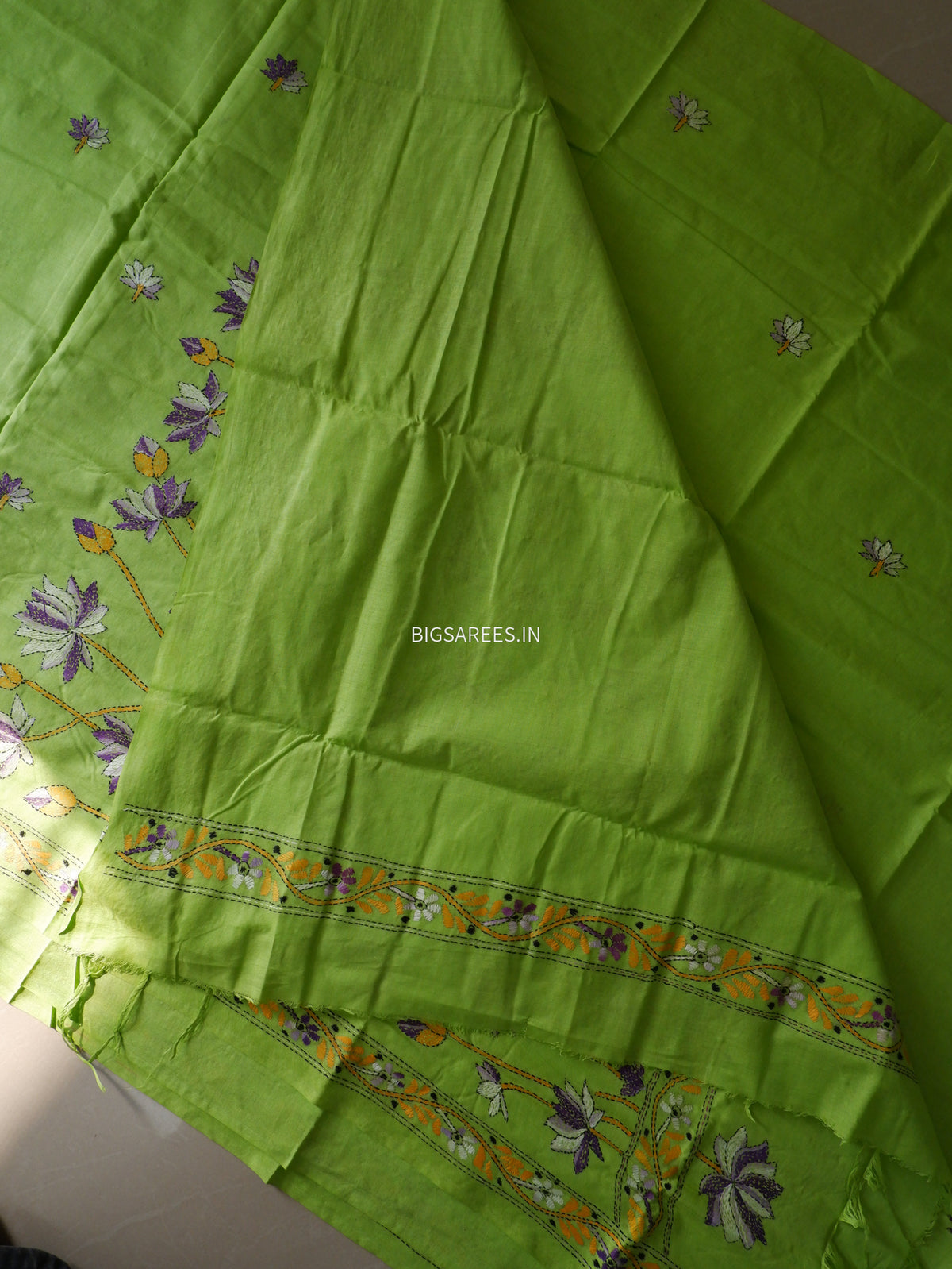 Kantha Hand-Embroidered Saree | Pure Khadi Cotton | Parrot Green