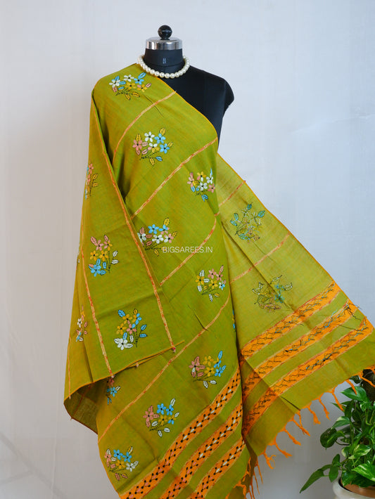 Hand-Embroidered Kantha - Stitch Dupatta | Pure Khesh Cotton | Green