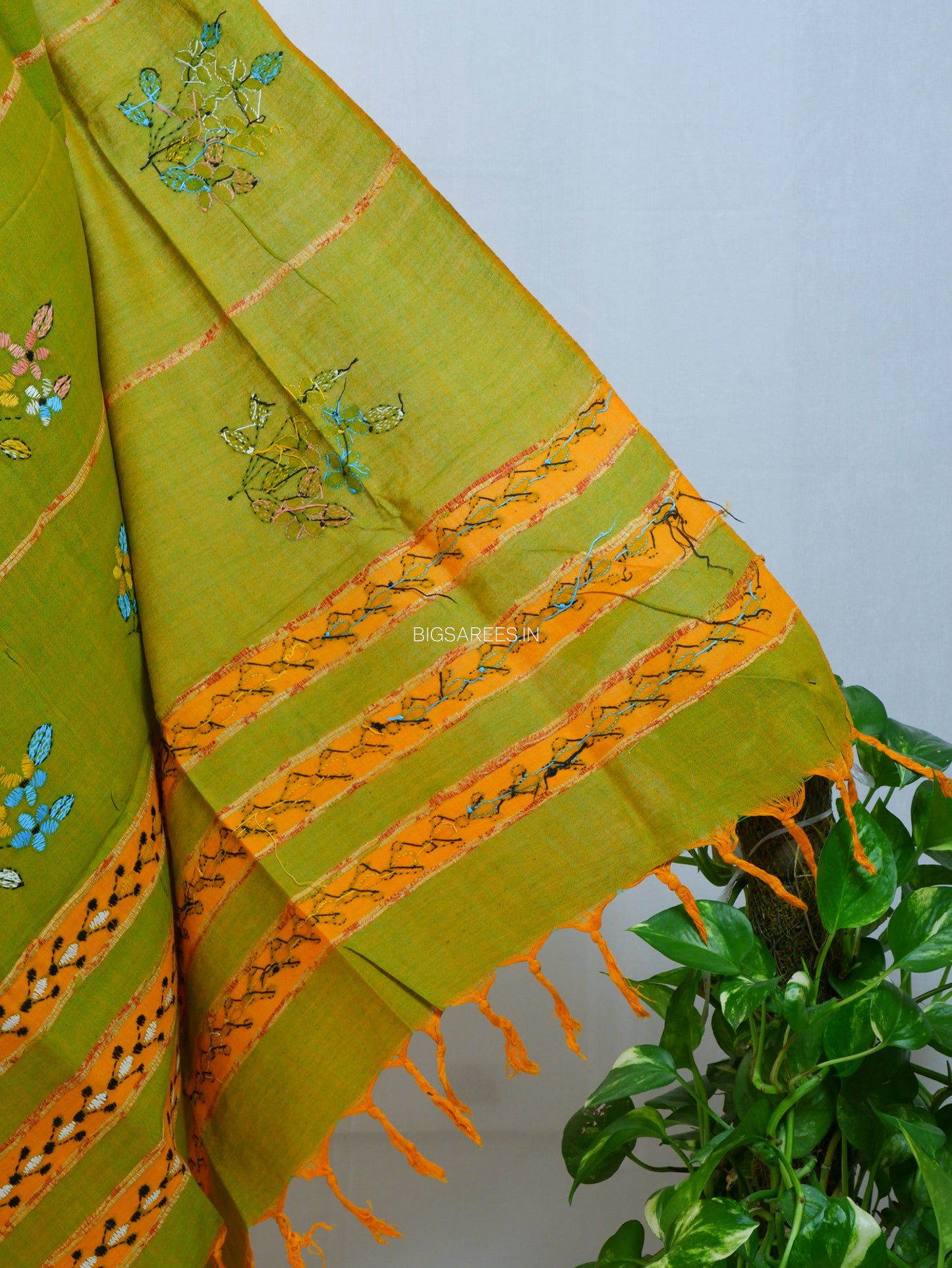Hand-Embroidered Kantha - Stitch Dupatta | Pure Khesh Cotton | Green