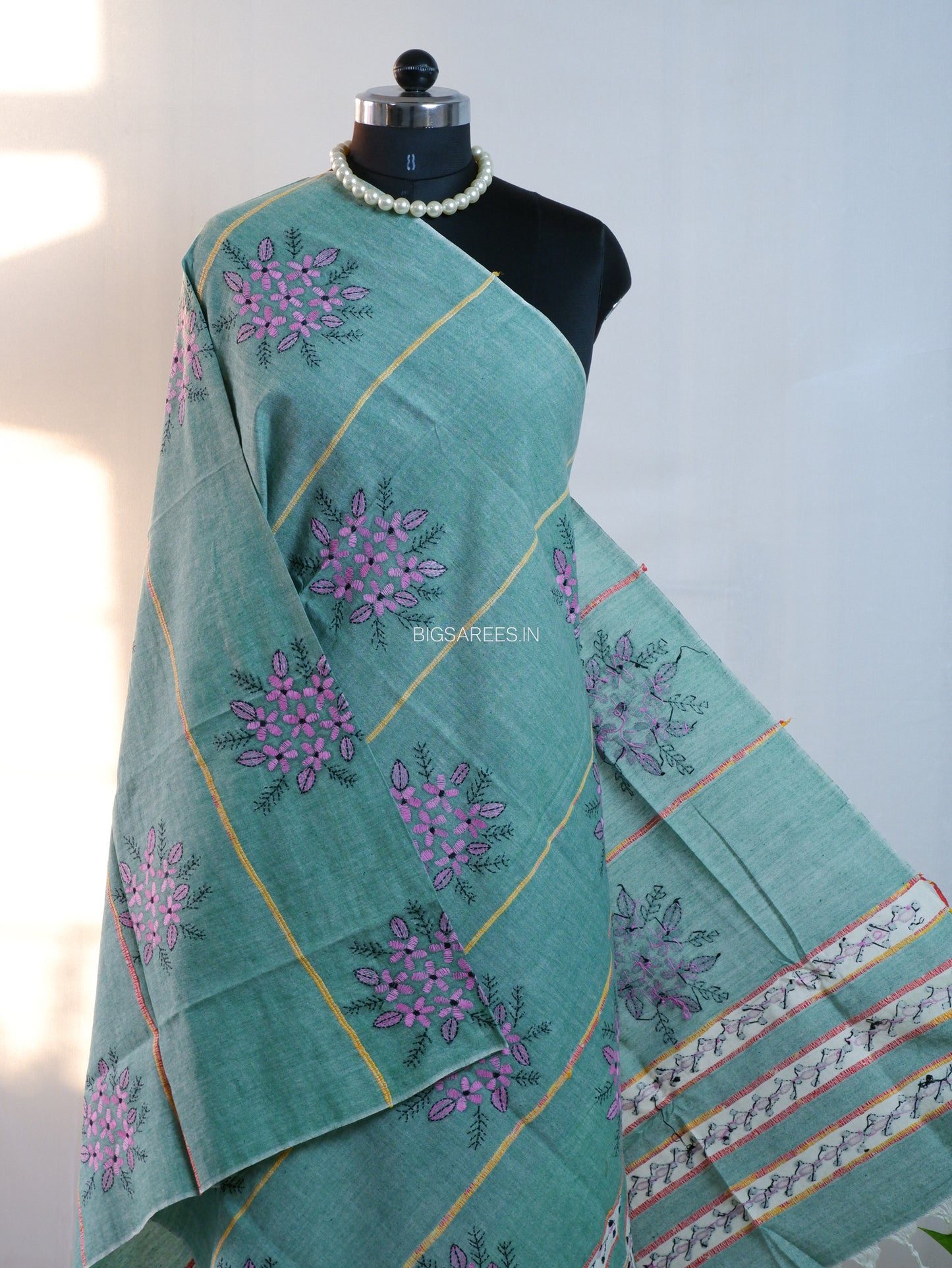 Hand-Embroidered Kantha - Stitch Dupatta | Pure Khesh Cotton | Green
