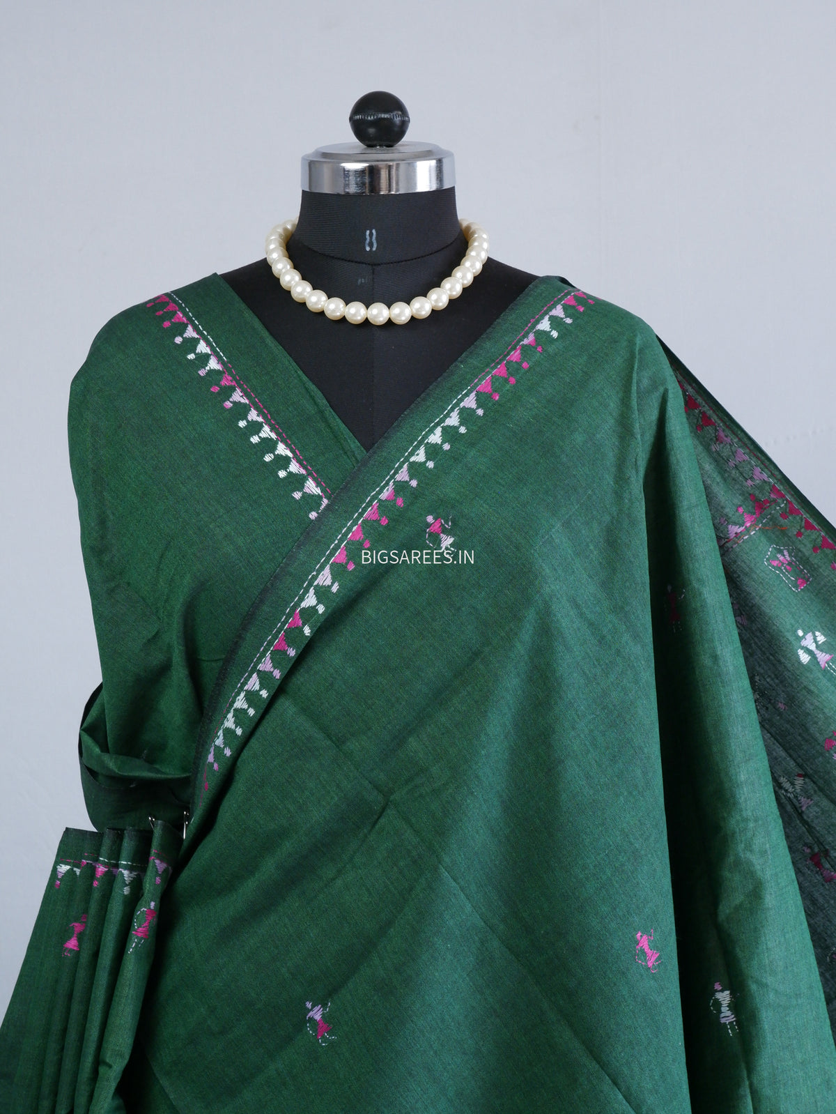 Kantha Stitch Hand-Embroidered Saree | Khadi Cotton | Dark Green