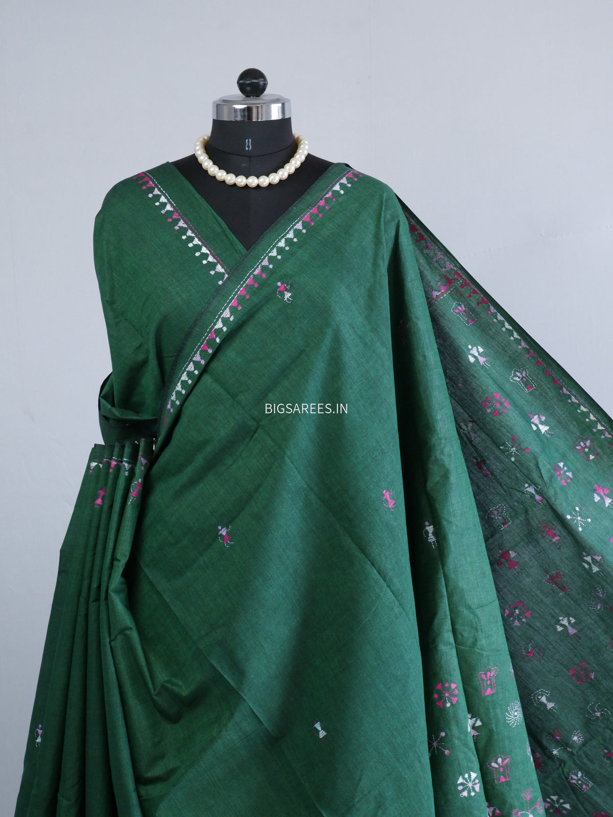 Kantha Stitch Hand-Embroidered Saree | Khadi Cotton | Dark Green