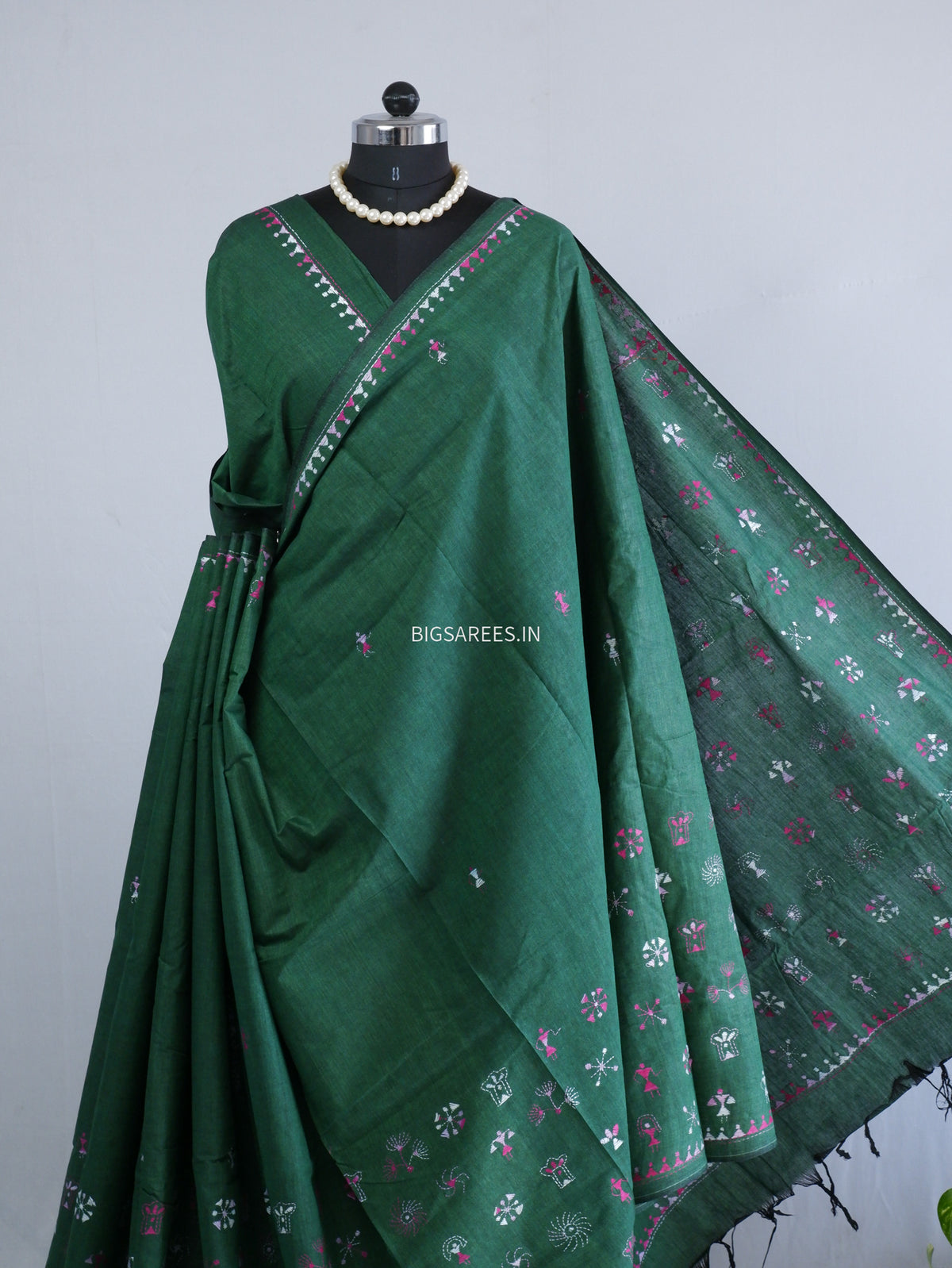 Kantha Stitch Hand-Embroidered Saree | Khadi Cotton | Dark Green