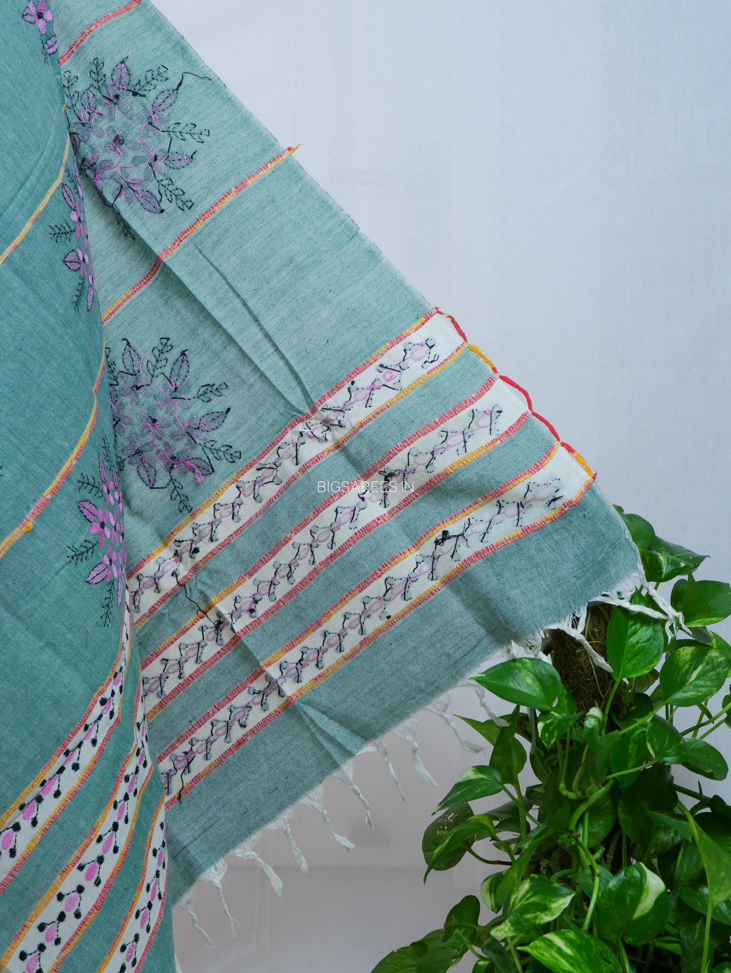 Hand-Embroidered Kantha - Stitch Dupatta | Pure Khesh Cotton | Green