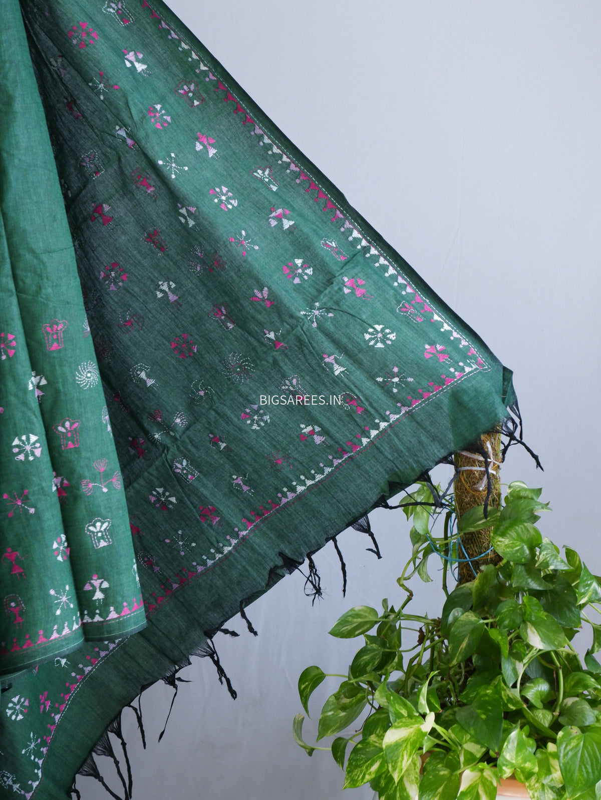 Kantha Stitch Hand-Embroidered Saree | Khadi Cotton | Dark Green