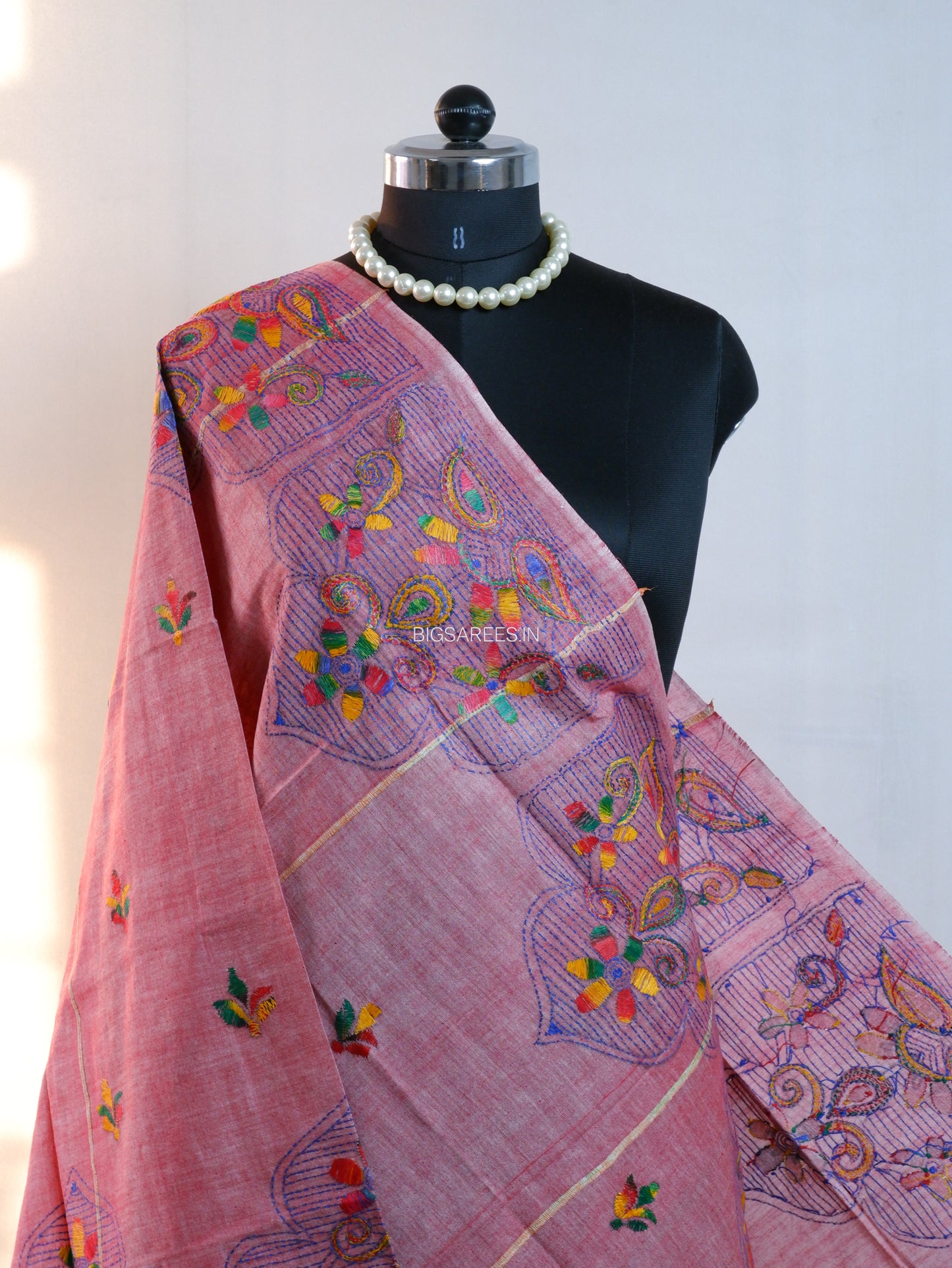 Hand-Embroidered Kantha - Stitch Dupatta | Pure Khesh Cotton | Dark Pink