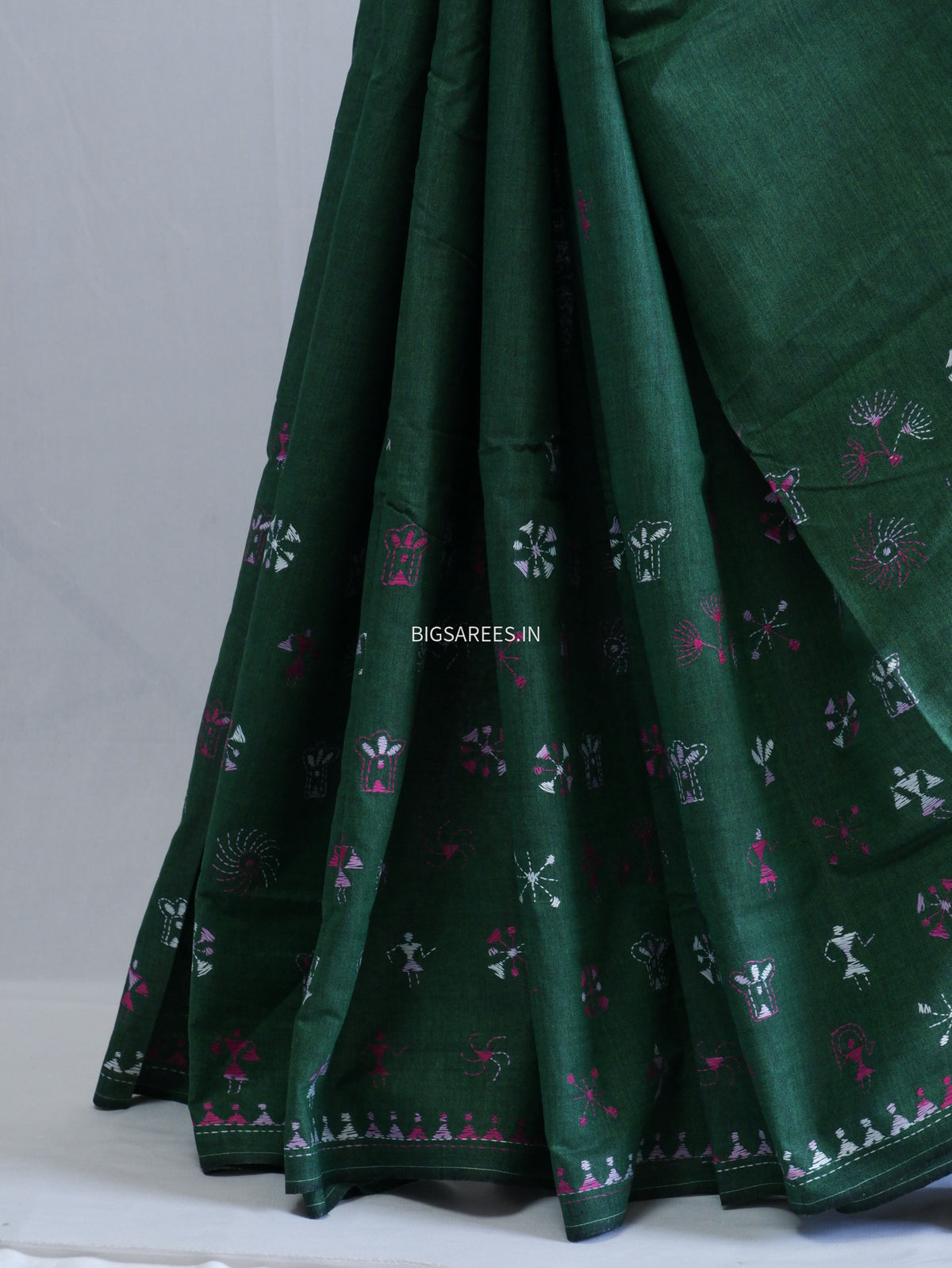 Kantha Stitch Hand-Embroidered Saree | Khadi Cotton | Dark Green