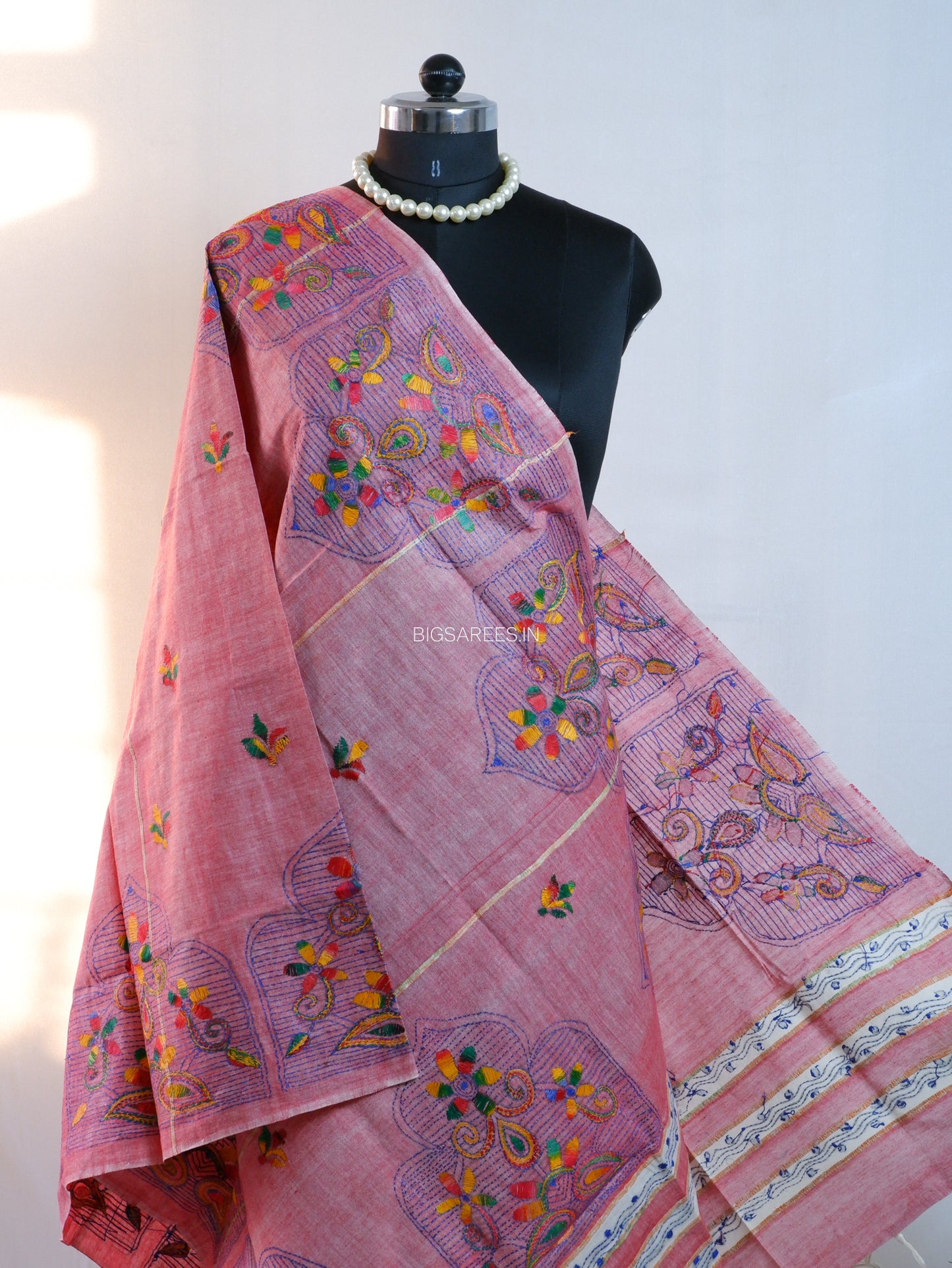 Hand-Embroidered Kantha - Stitch Dupatta | Pure Khesh Cotton | Dark Pink