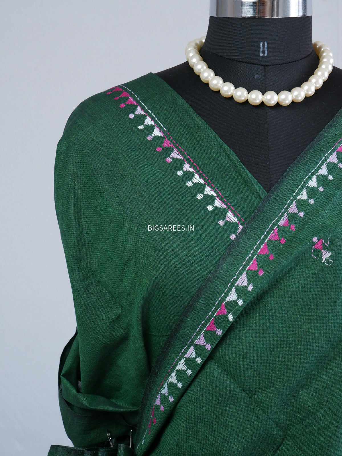 Kantha Stitch Hand-Embroidered Saree | Khadi Cotton | Dark Green