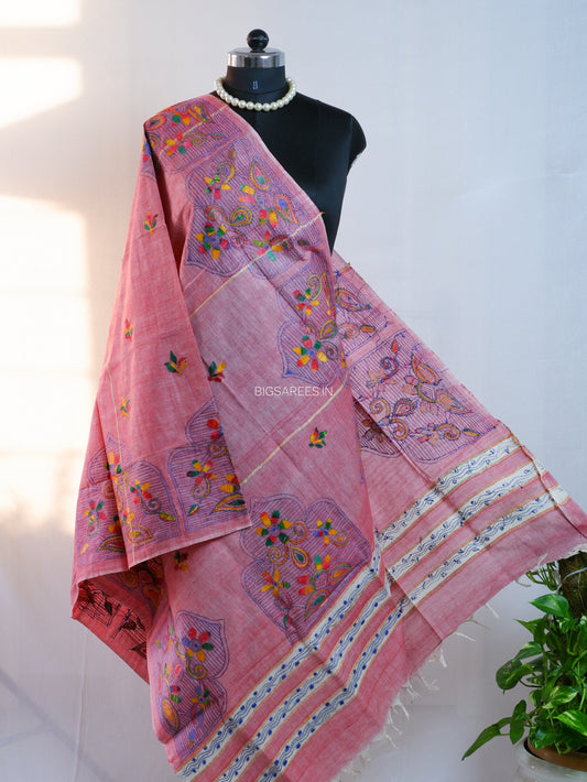 Hand-Embroidered Kantha - Stitch Dupatta | Pure Khesh Cotton | Dark Pink