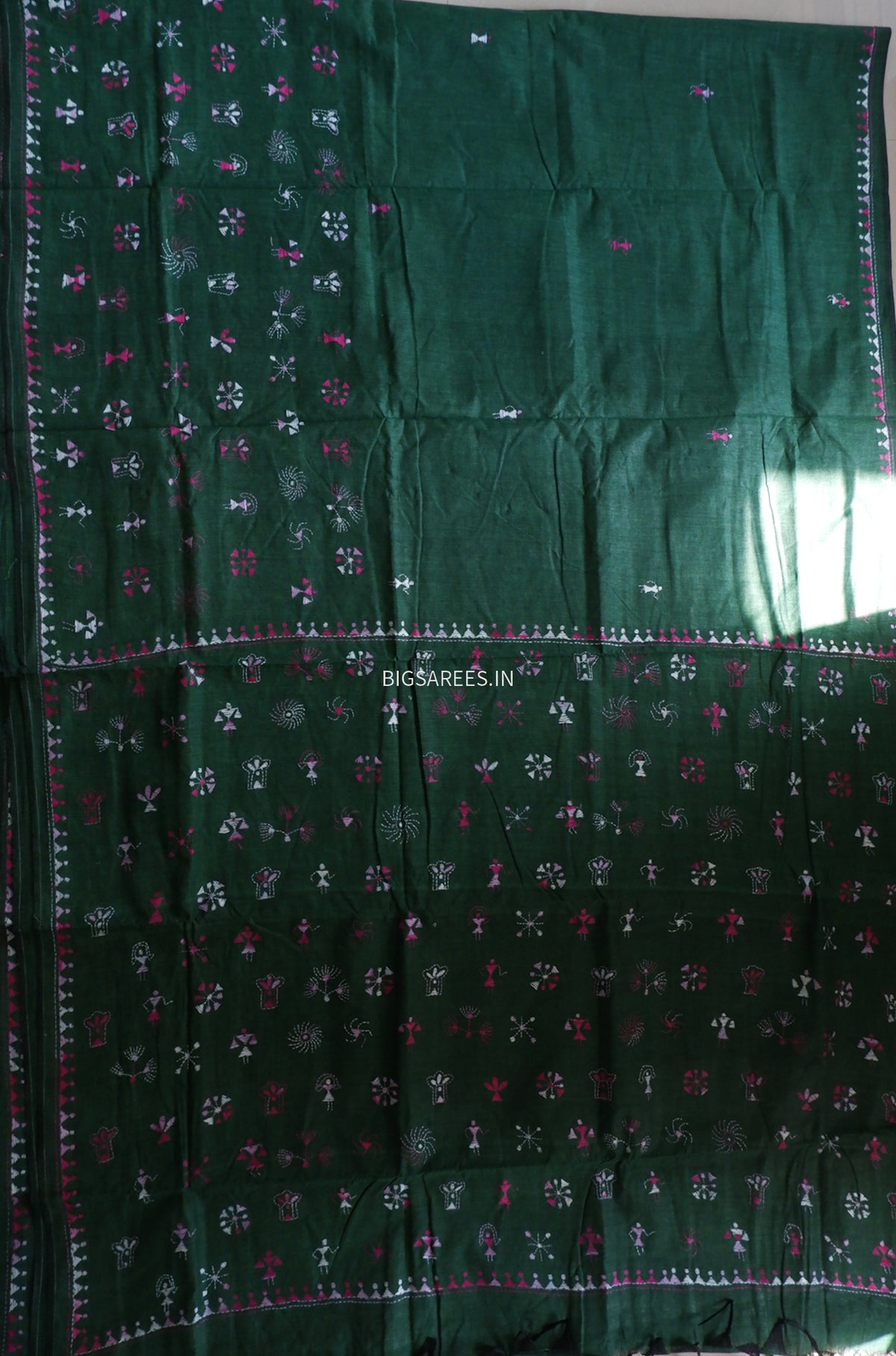 Kantha Stitch Hand-Embroidered Saree | Khadi Cotton | Dark Green