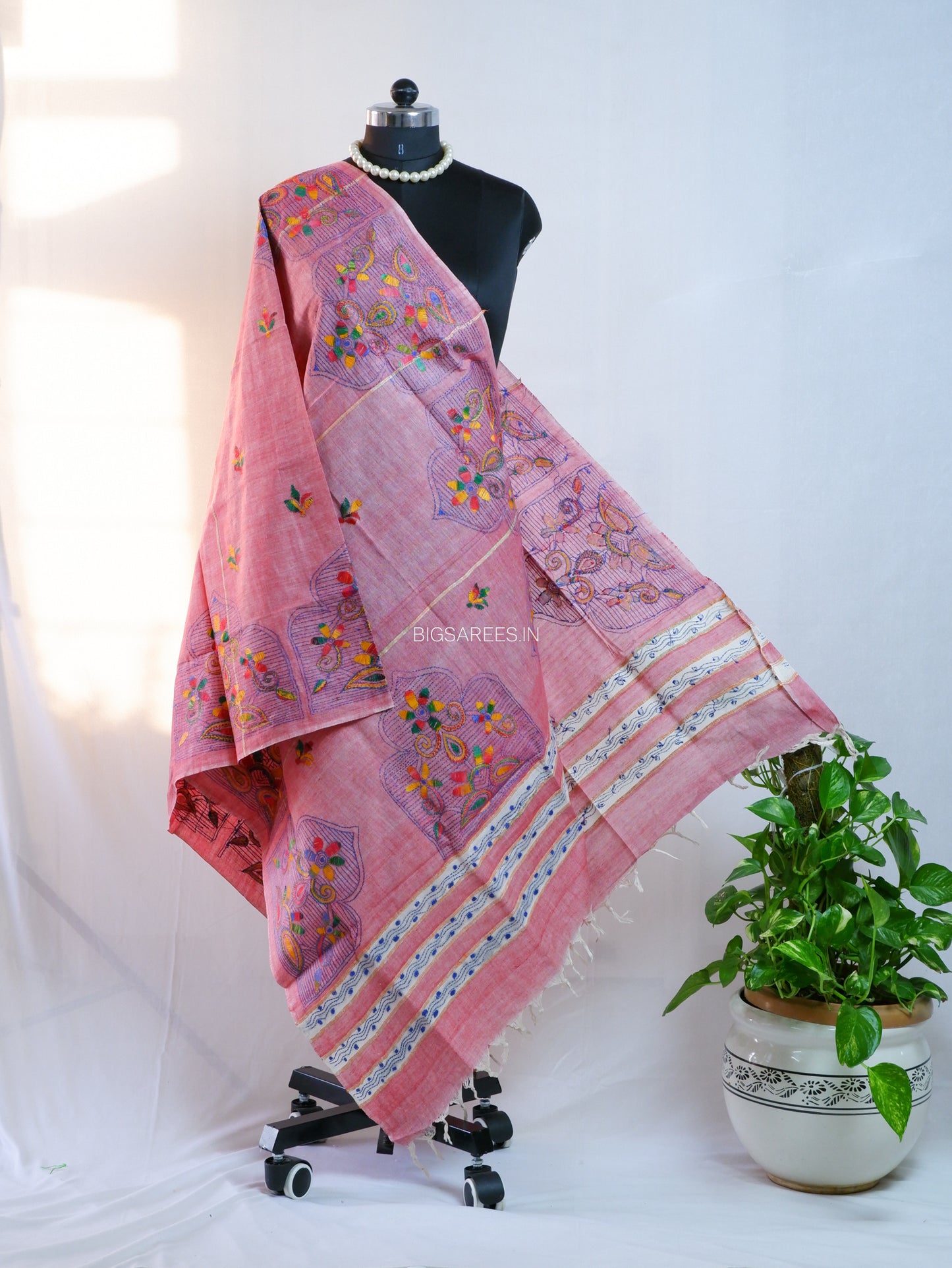 Hand-Embroidered Kantha - Stitch Dupatta | Pure Khesh Cotton | Dark Pink