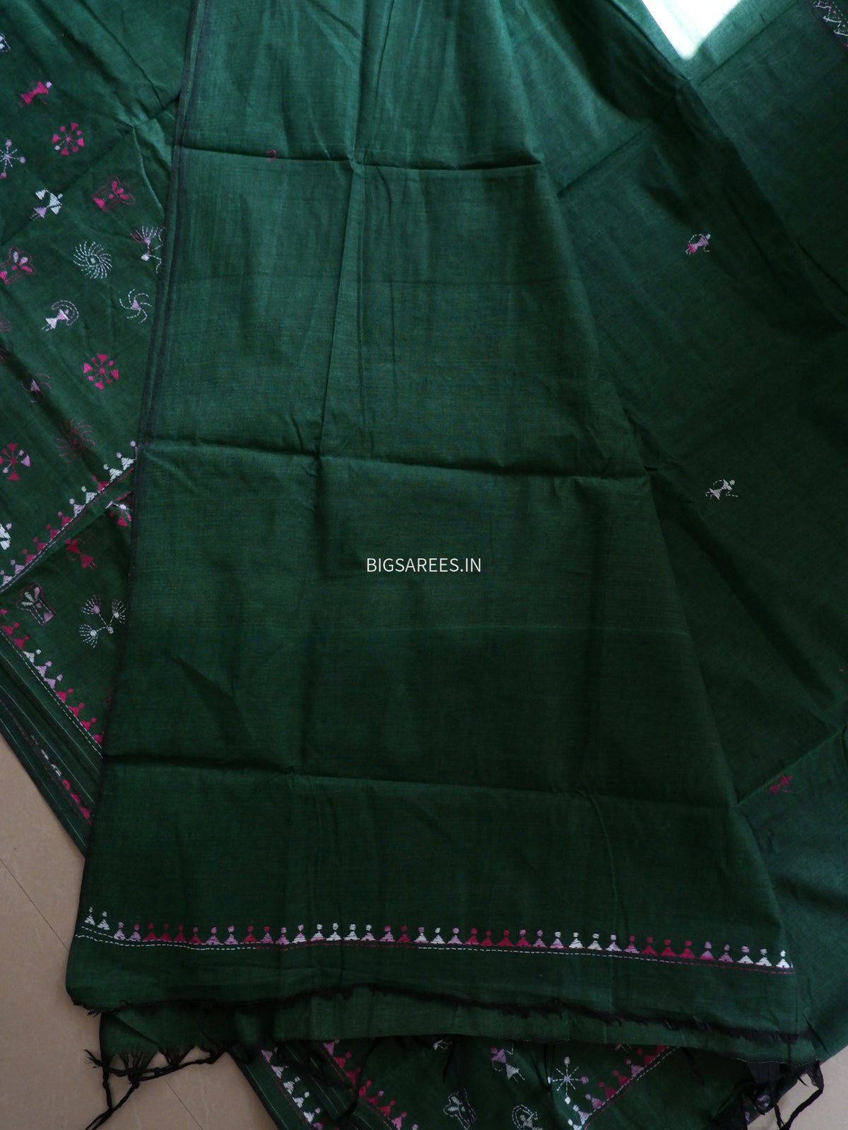 Kantha Stitch Hand-Embroidered Saree | Khadi Cotton | Dark Green