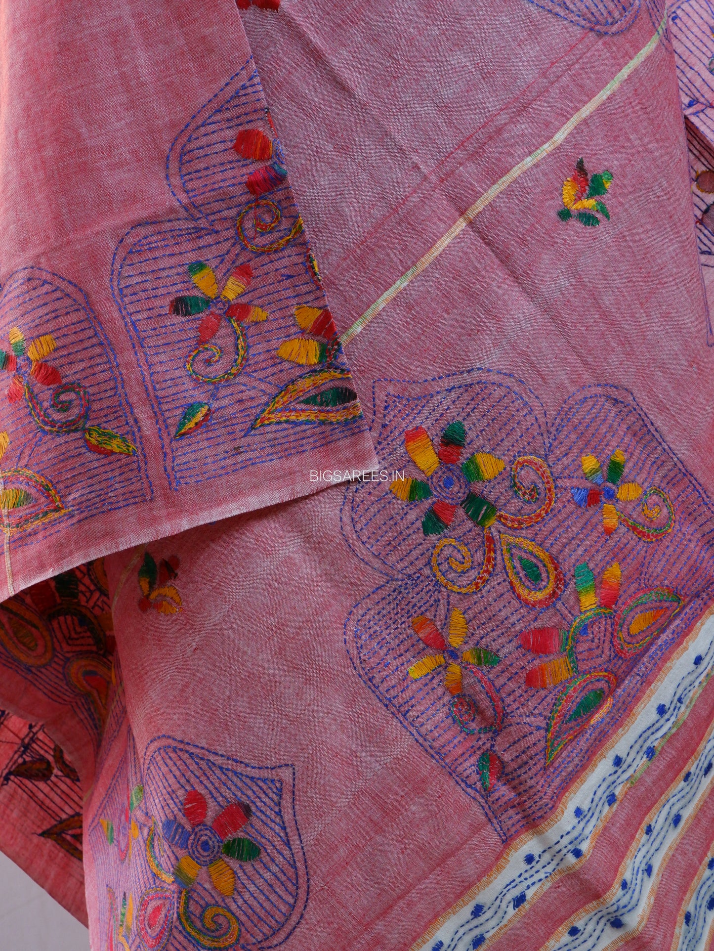 Hand-Embroidered Kantha - Stitch Dupatta | Pure Khesh Cotton | Dark Pink