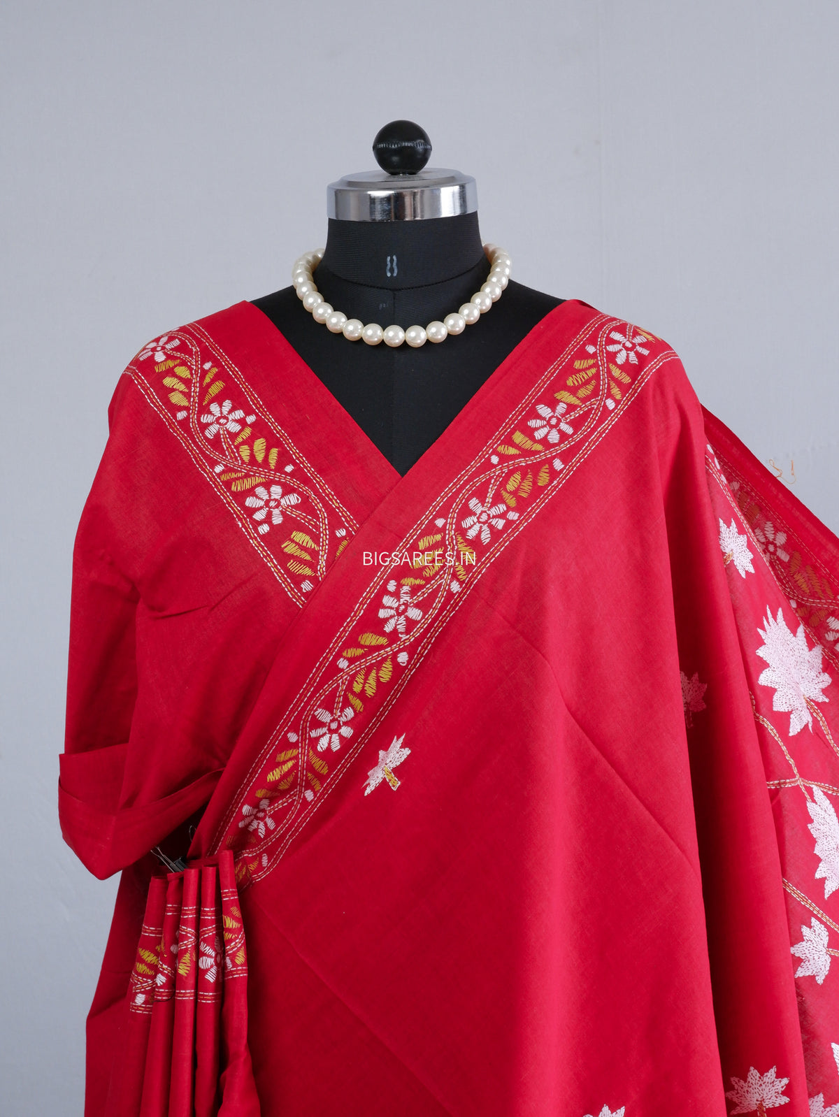 Kantha Hand-Embroidered Saree | Pure Khadi Cotton | Red