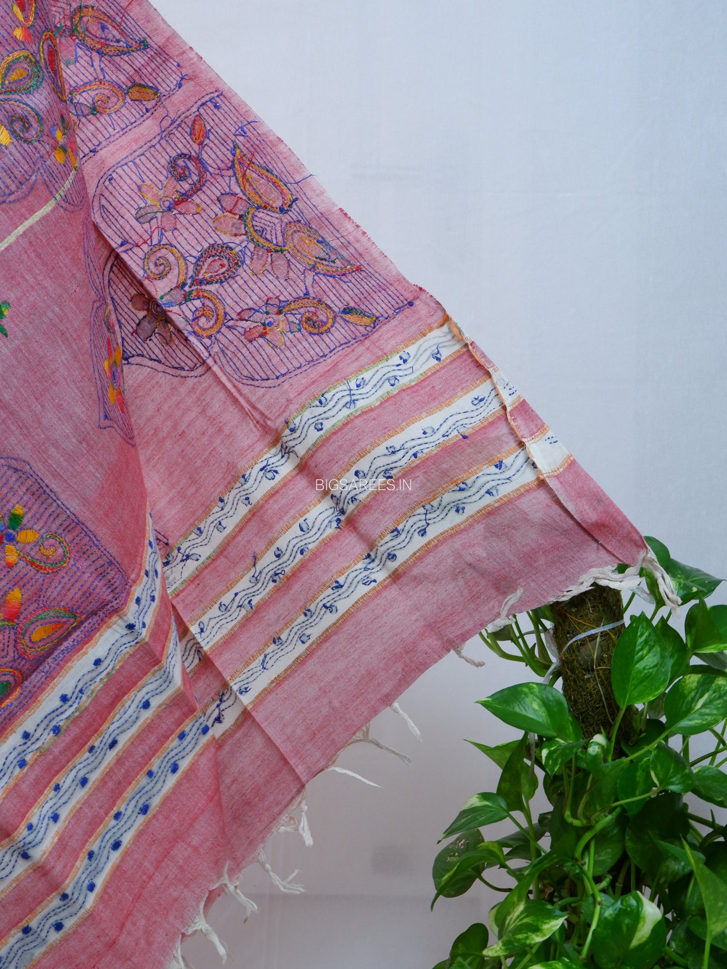Hand-Embroidered Kantha - Stitch Dupatta | Pure Khesh Cotton | Dark Pink