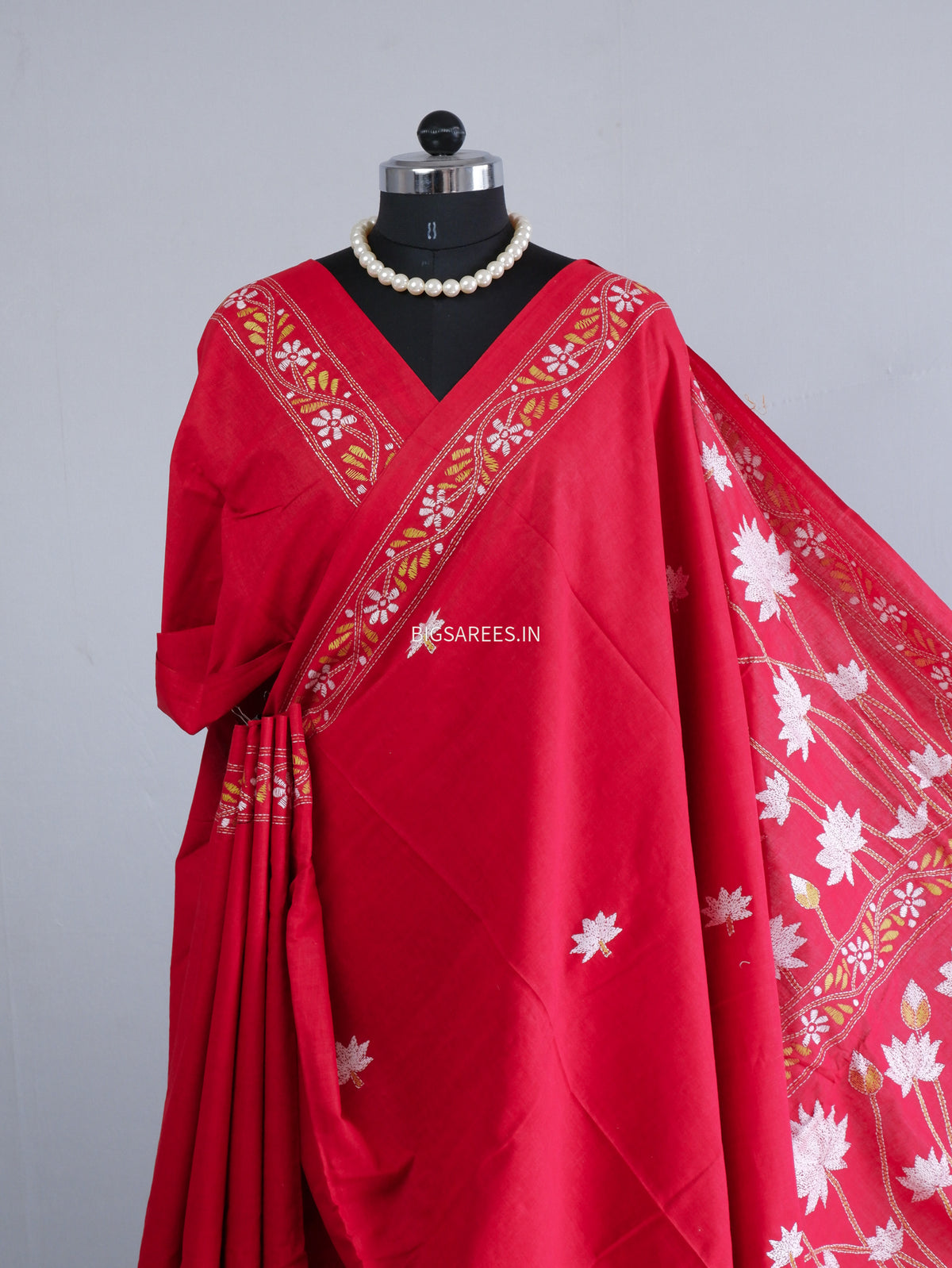 Kantha Hand-Embroidered Saree | Pure Khadi Cotton | Red
