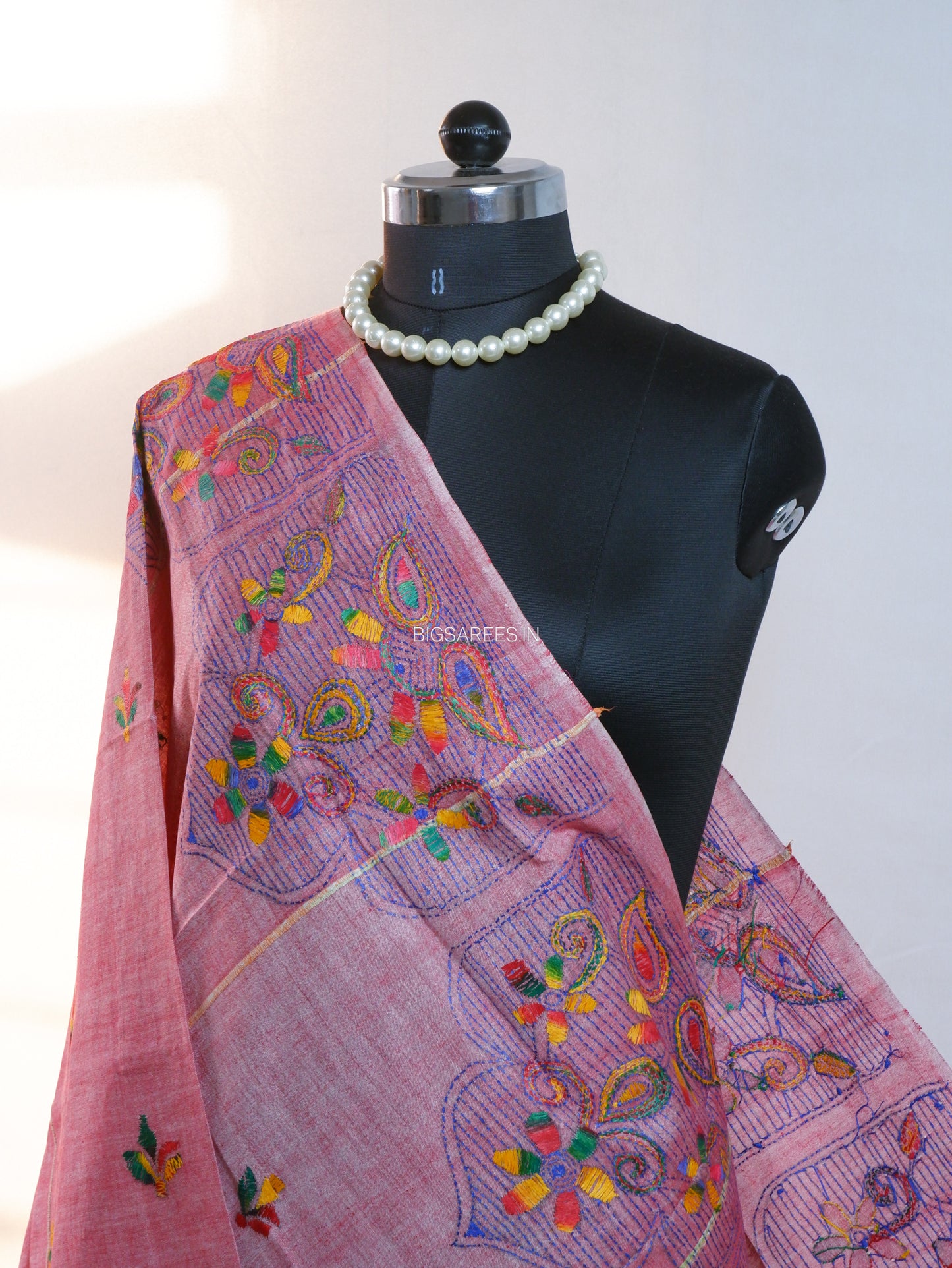 Hand-Embroidered Kantha - Stitch Dupatta | Pure Khesh Cotton | Dark Pink