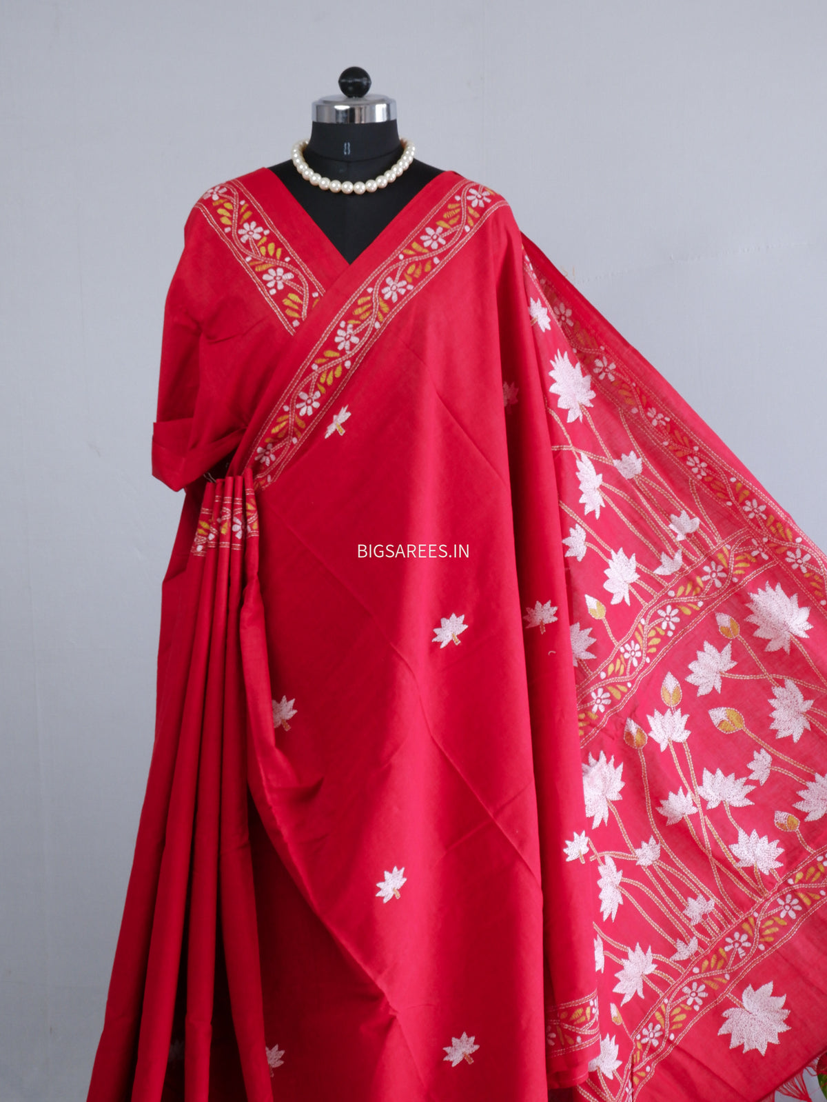 Kantha Hand-Embroidered Saree | Pure Khadi Cotton | Red