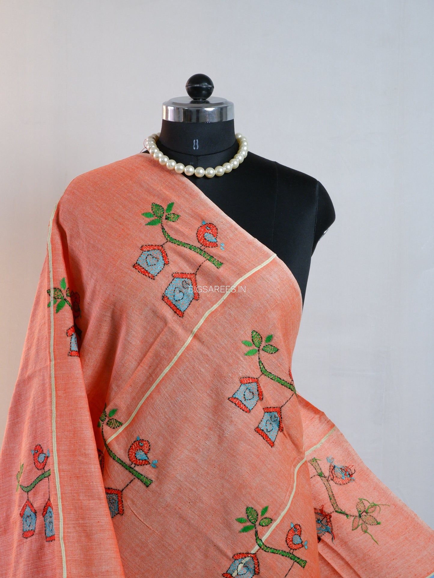 Hand-Embroidered Kantha - Stitch Dupatta | Pure Khesh Cotton | Light Orange