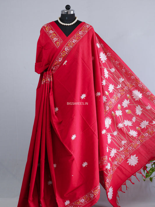Kantha Hand-Embroidered Saree | Pure Khadi Cotton | Red