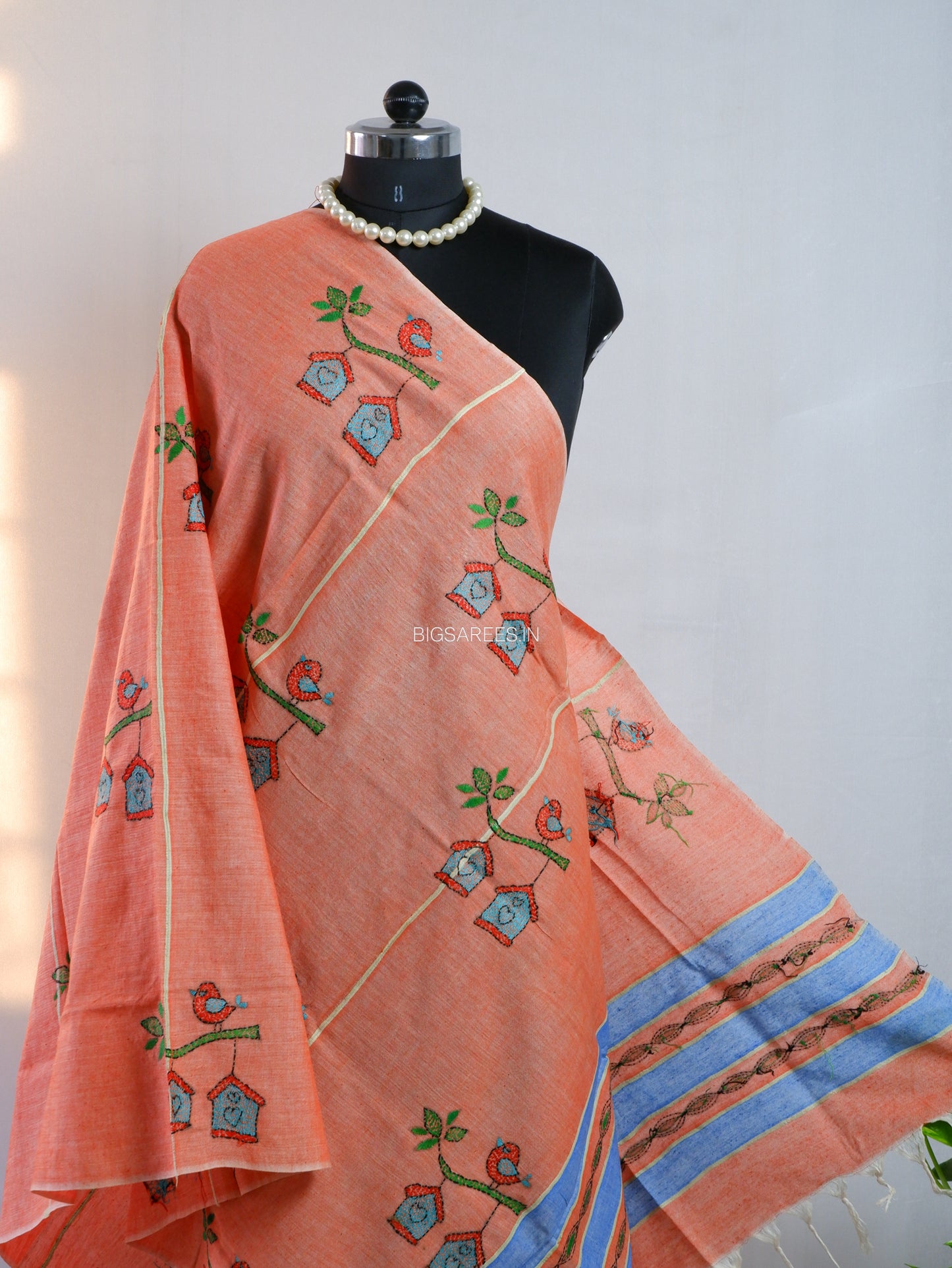 Hand-Embroidered Kantha - Stitch Dupatta | Pure Khesh Cotton | Light Orange