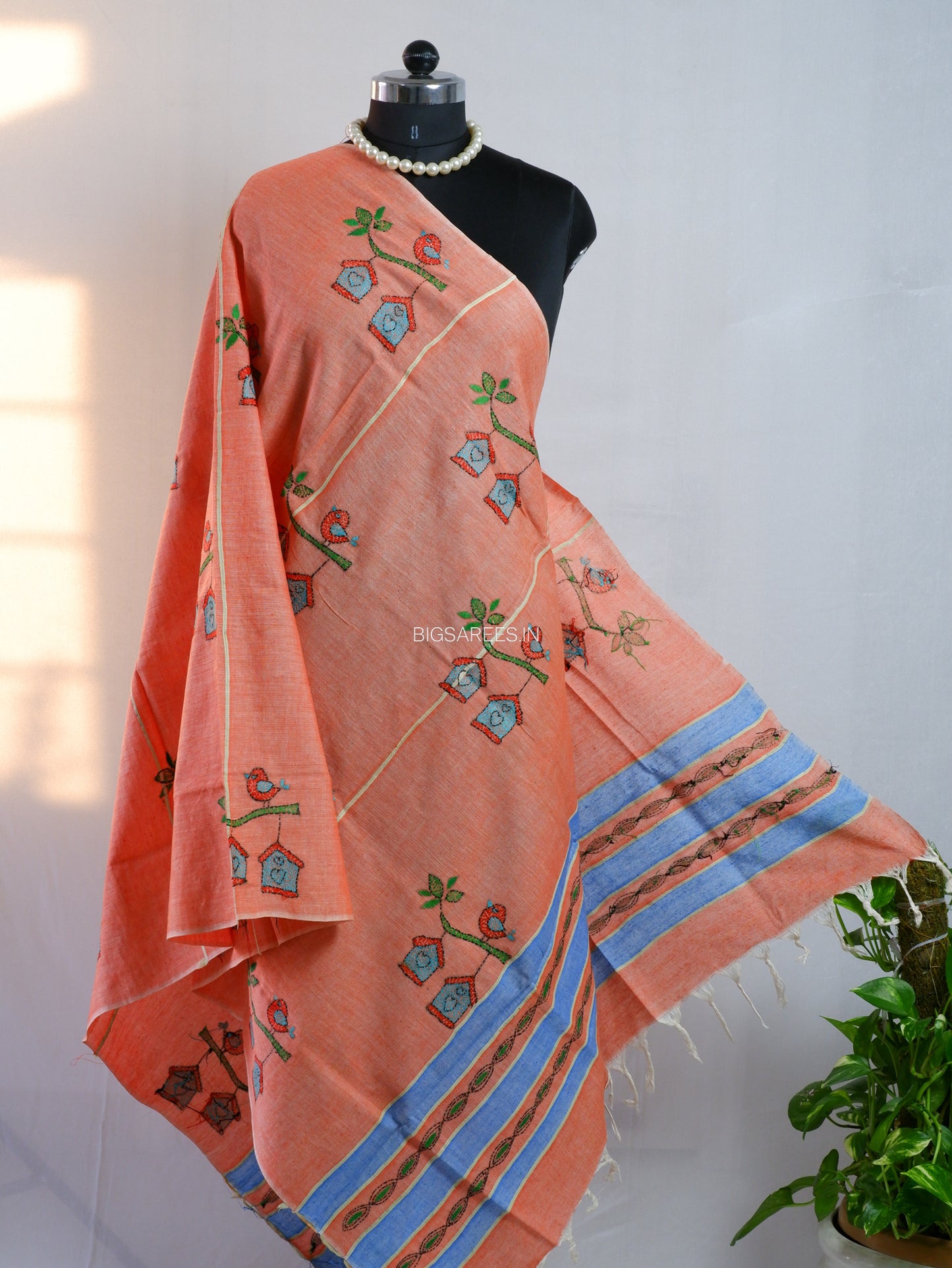 Hand-Embroidered Kantha - Stitch Dupatta | Pure Khesh Cotton | Light Orange