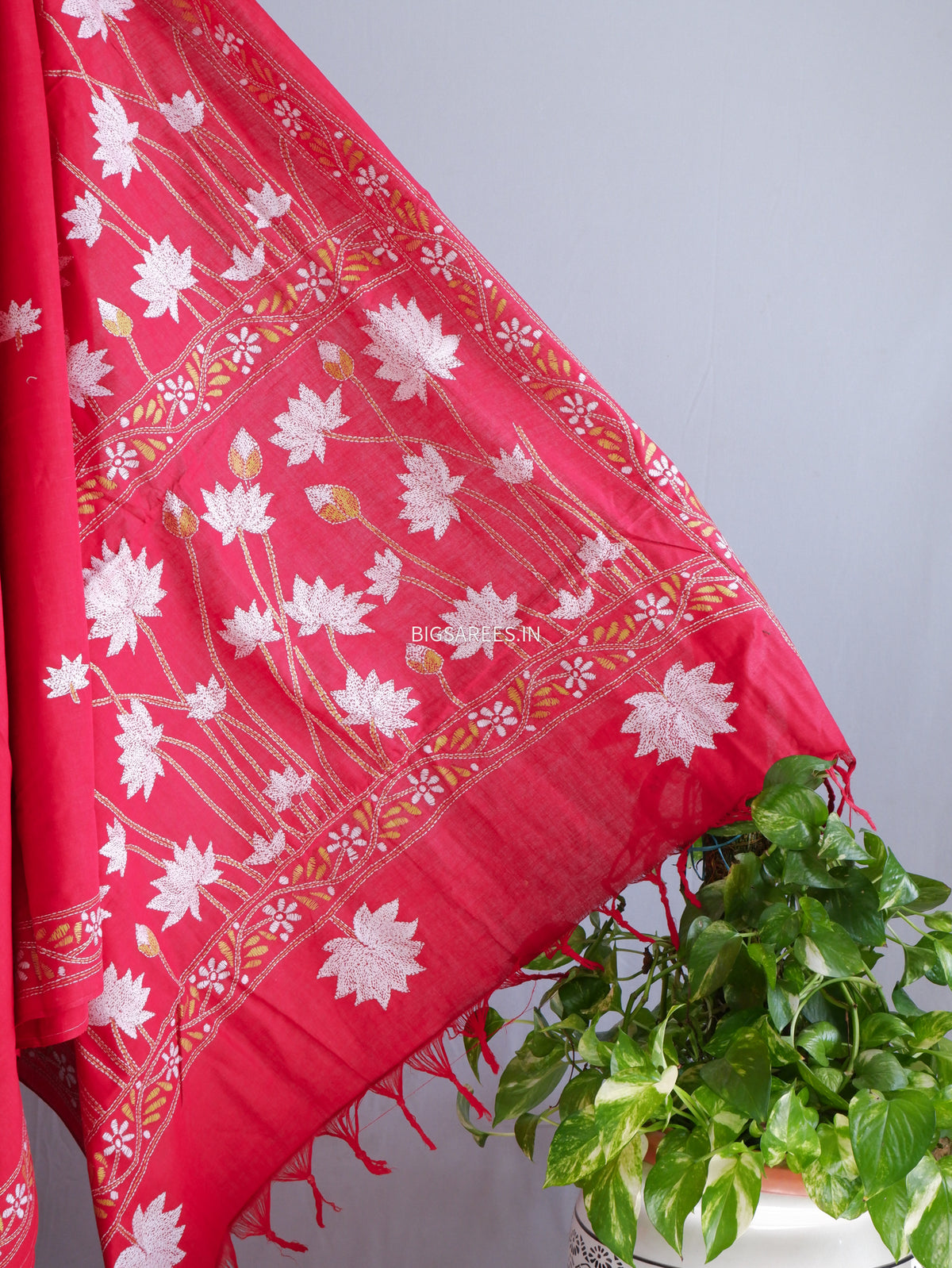 Kantha Hand-Embroidered Saree | Pure Khadi Cotton | Red