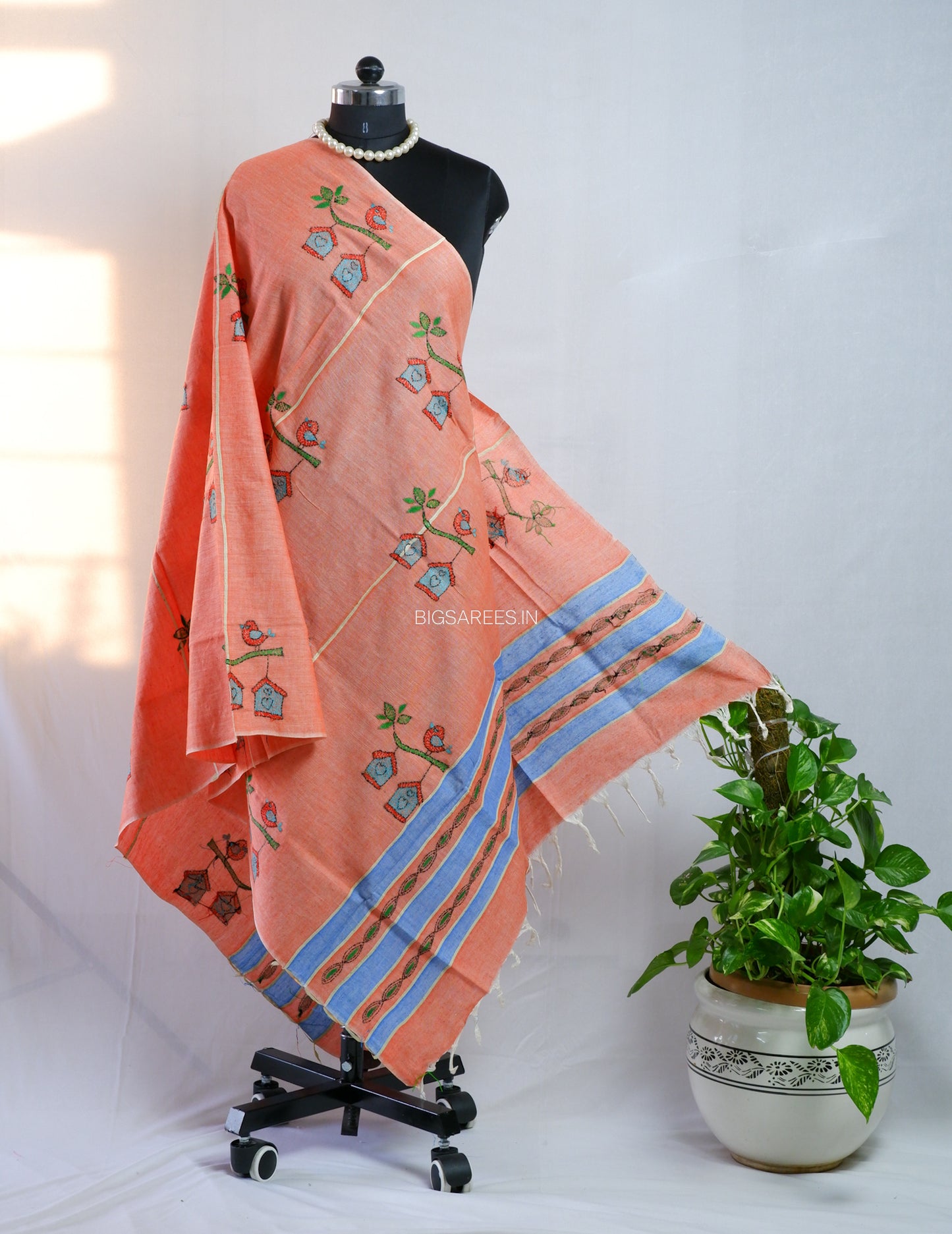 Hand-Embroidered Kantha - Stitch Dupatta | Pure Khesh Cotton | Light Orange