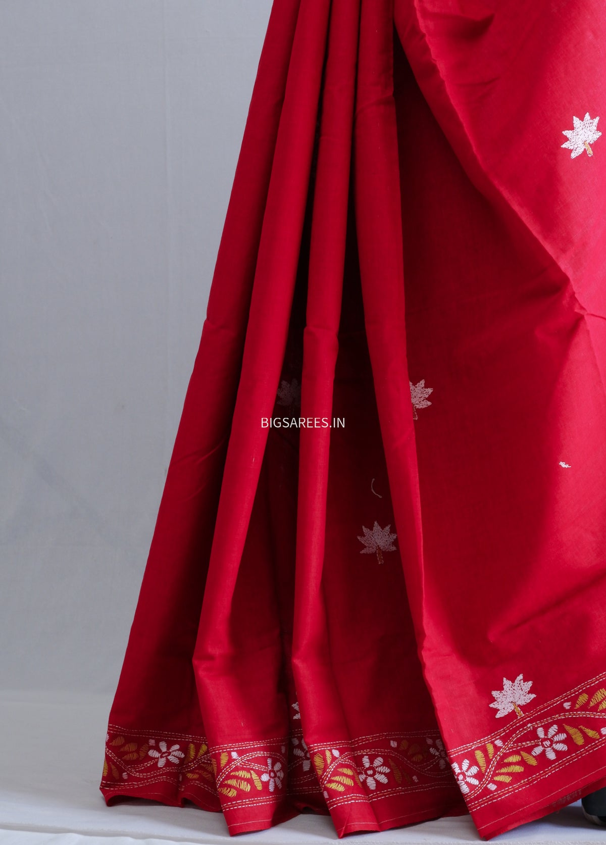 Kantha Hand-Embroidered Saree | Pure Khadi Cotton | Red